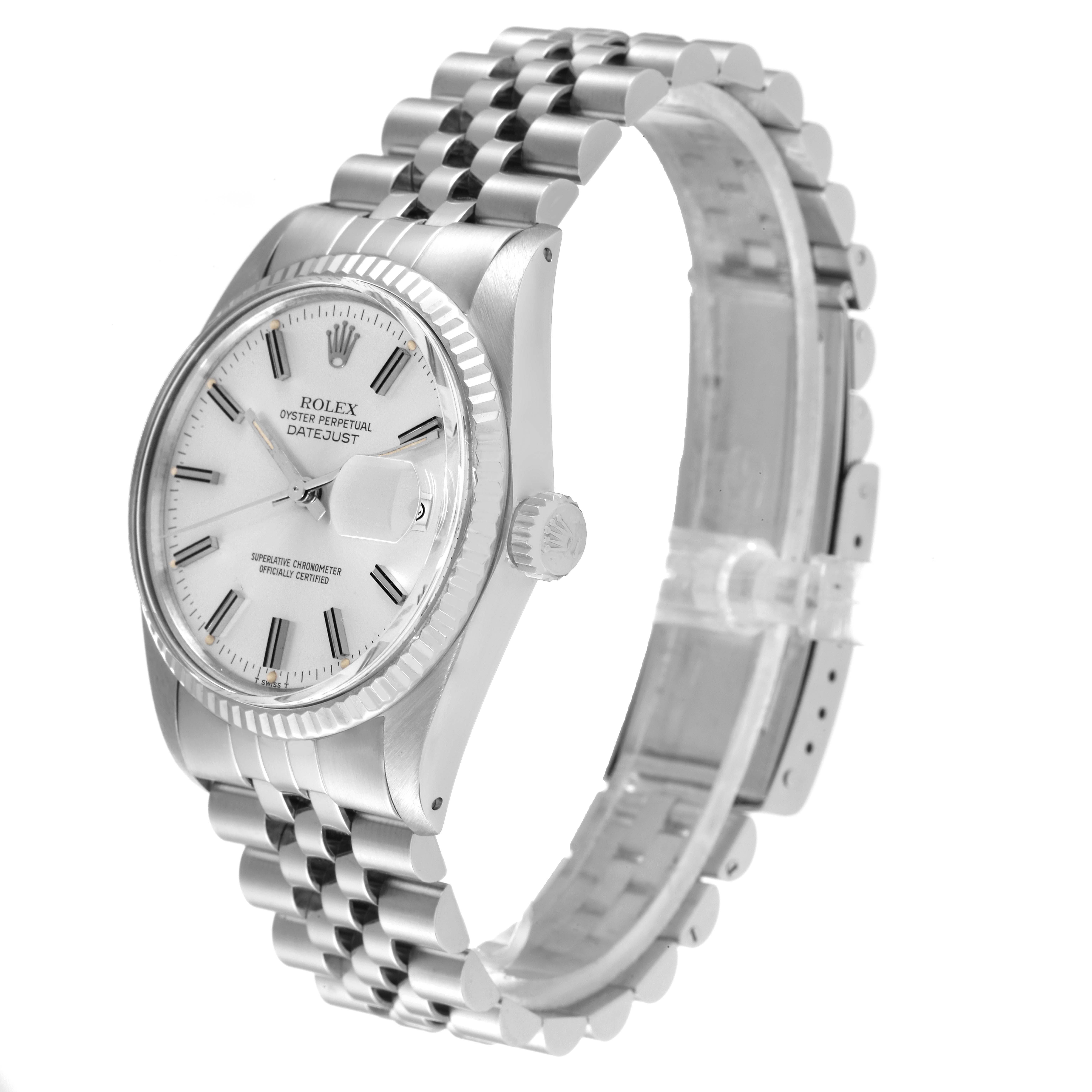 The image shows a Rolex Datejust 16014 Men
s Stainless Steel Silver Dial 16014 Men
s Stainless Steel Silver Dial watch from a side-angle, capturing its face, bezel, and bracelet.