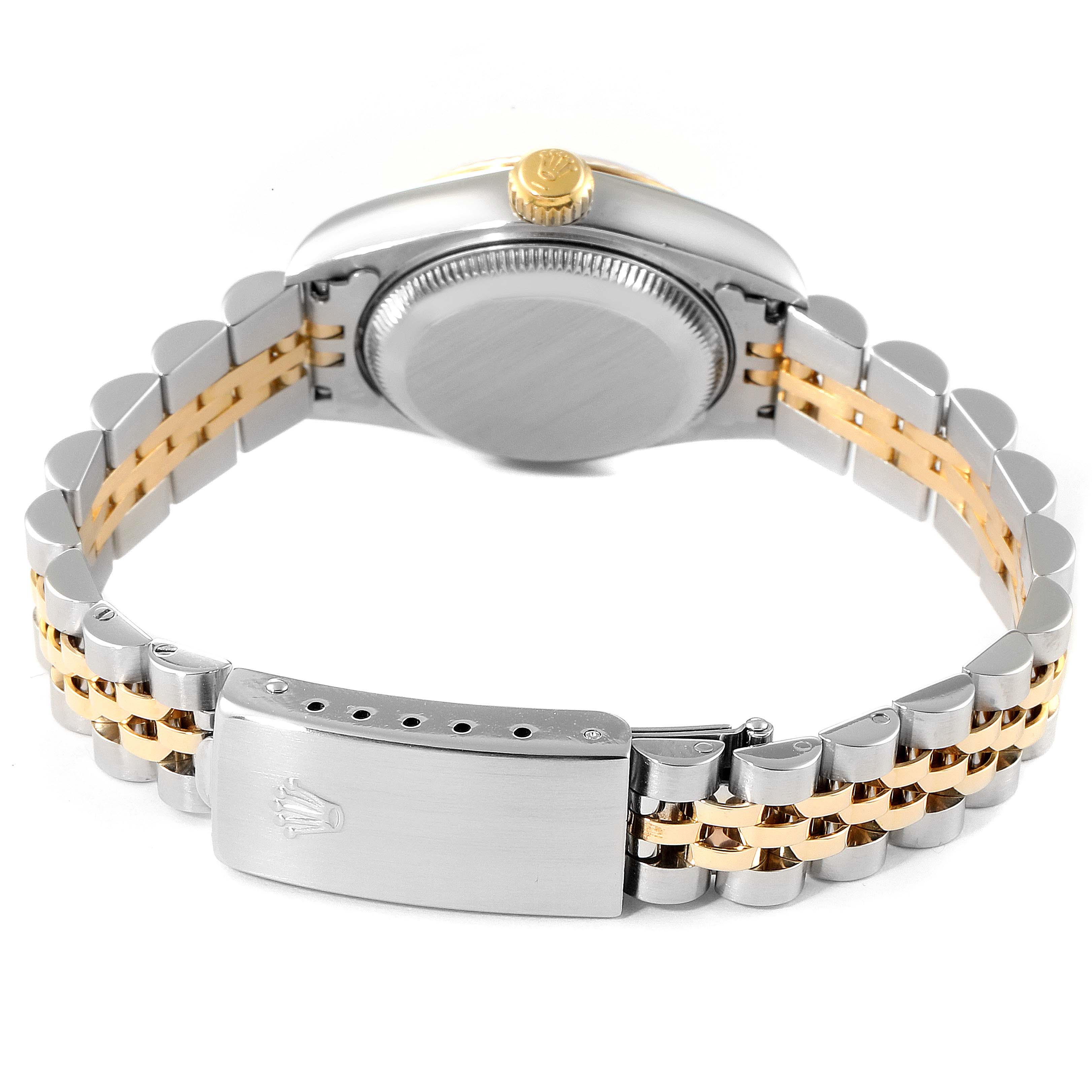 The image shows the back view of a Rolex Datejust 79173 Women's Steel and Gold (two tone) Blue Dial 79173 Women's Steel and Gold (two tone) Blue Dial watch, highlighting the clasp, bracelet, and caseback.