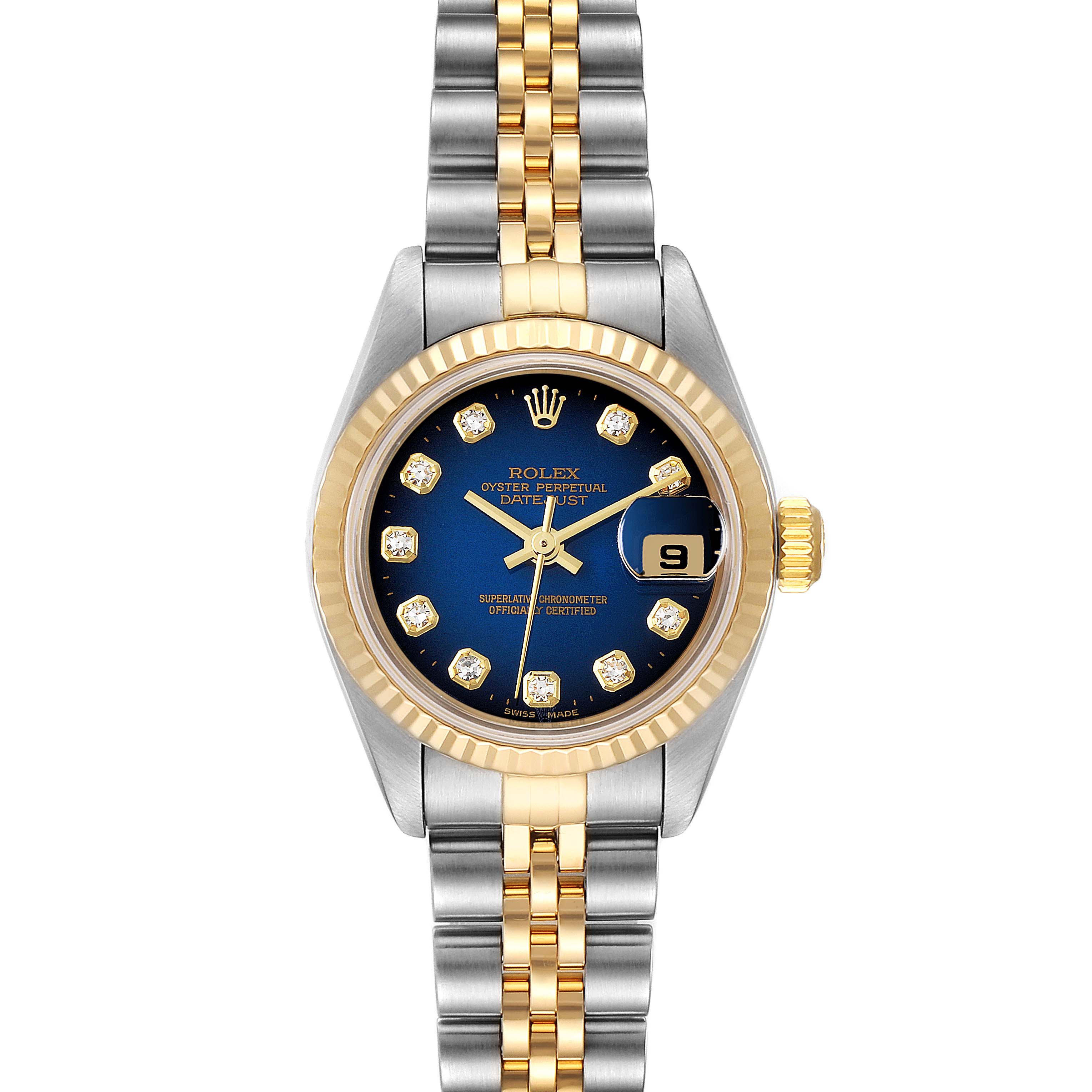 The image shows a front view of a Rolex Datejust 79173 Women's Steel and Gold (two tone) Blue Dial 79173 Women's Steel and Gold (two tone) Blue Dial watch, featuring a blue dial, diamond hour markers, and a two-tone metal bracelet.