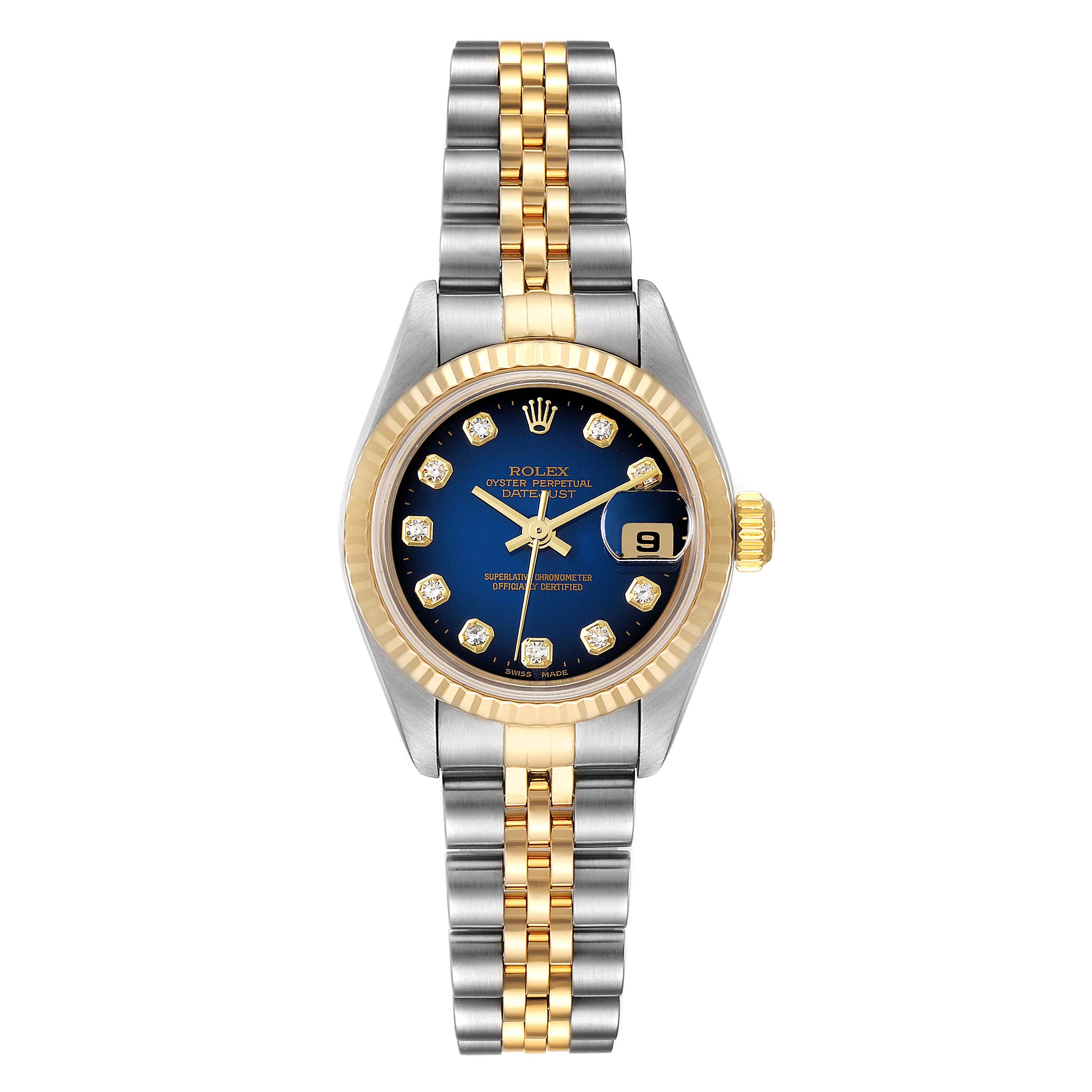 This image shows a Rolex Datejust 79173 Women's Steel and Gold (two tone) Blue Dial 79173 Women's Steel and Gold (two tone) Blue Dial watch from the front, highlighting the dial, bezel, and bracelet.
