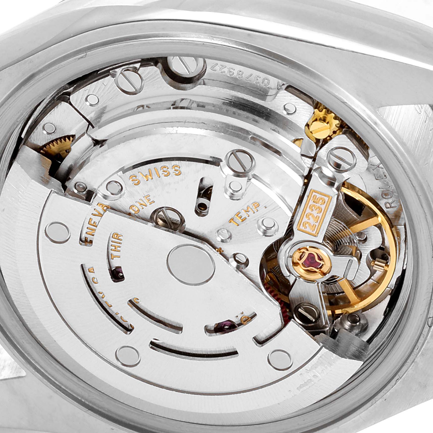 This image shows a close-up view of the Rolex Datejust 79173 Women's Steel and Gold (two tone) Blue Dial 79173 Women's Steel and Gold (two tone) Blue Dial watch's intricate movement mechanism from the backside.