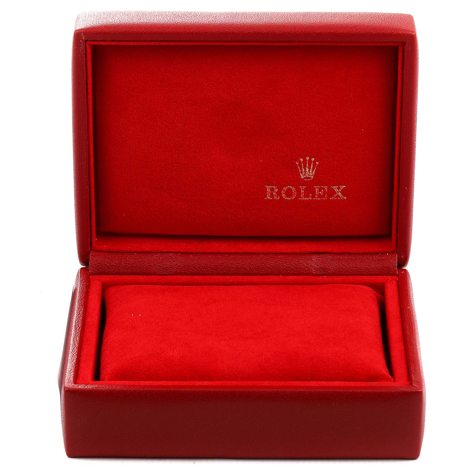 The image shows an empty Rolex Datejust 79173 Women's Steel and Gold (two tone) Blue Dial 79173 Women's Steel and Gold (two tone) Blue Dial watch box made of red fabric and leather from a front angle.