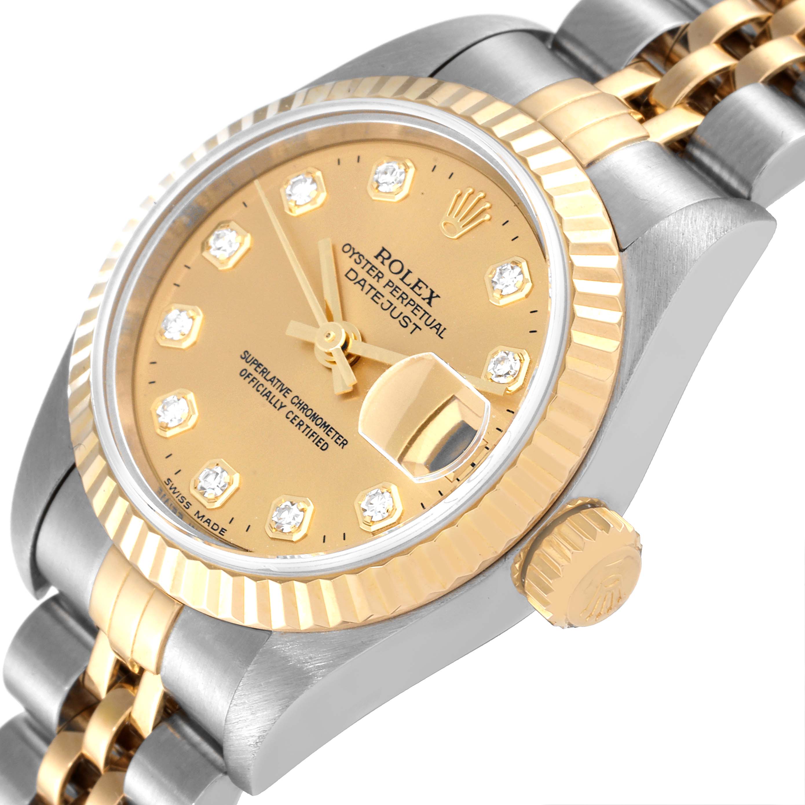 The image shows a Rolex Datejust 79173 Women's Steel and Gold (two tone) Champagne Dial 79173 Women's Steel and Gold (two tone) Champagne Dial watch at an angled close-up, highlighting the dial, bezel, crown, and part of the bracelet.