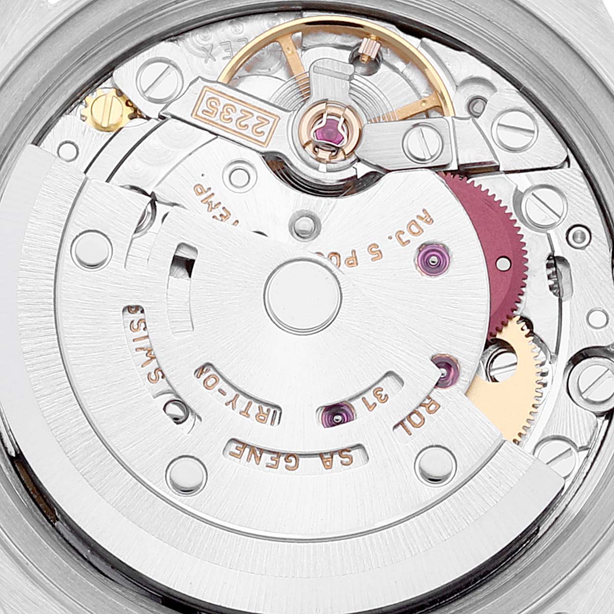 This close-up image shows the intricate inner movement and mechanisms of a Rolex Datejust 79173 Women's Steel and Gold (two tone) Champagne Dial 79173 Women's Steel and Gold (two tone) Champagne Dial watch.