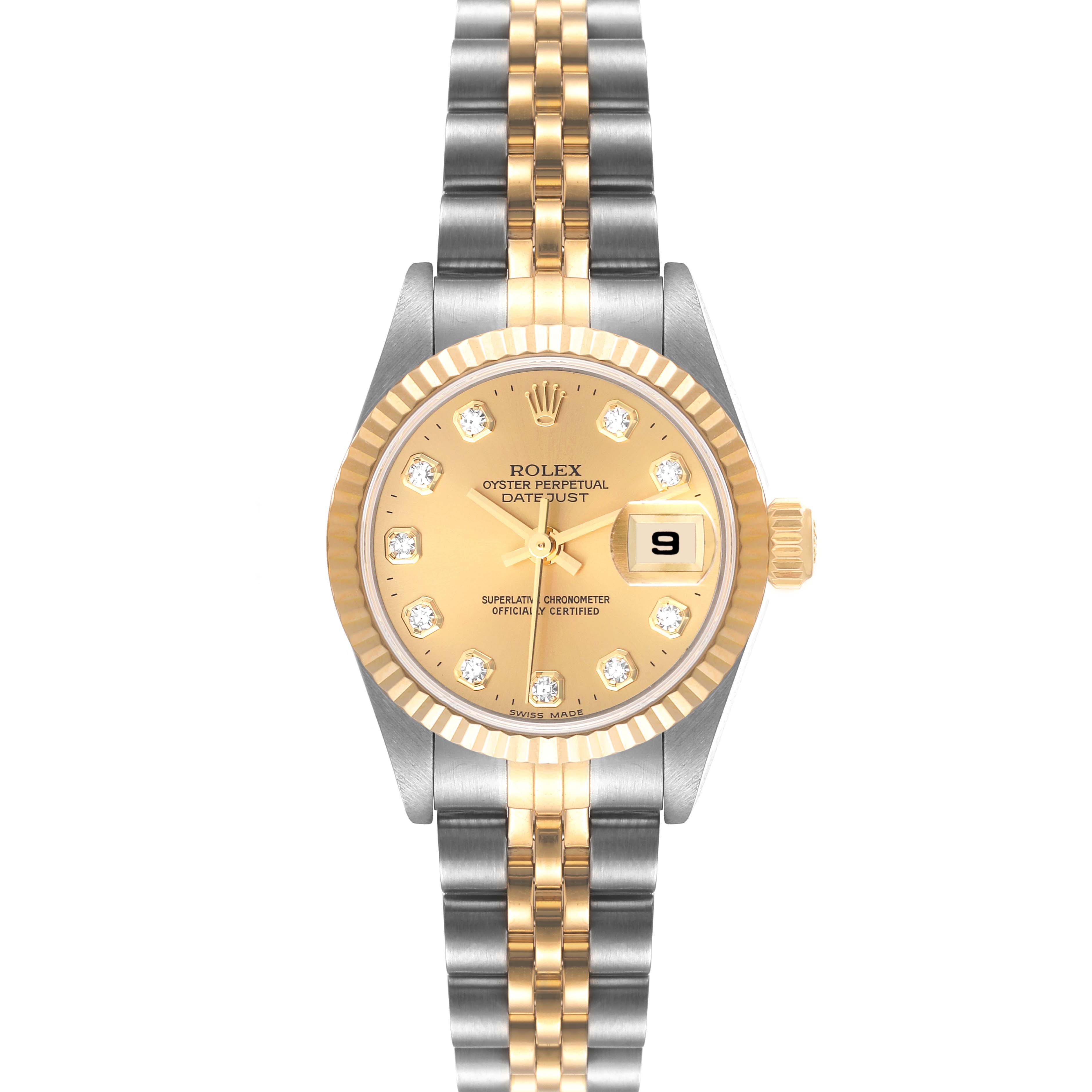 The image shows a front view of a Rolex Datejust 79173 Women's Steel and Gold (two tone) Champagne Dial 79173 Women's Steel and Gold (two tone) Champagne Dial watch with a gold dial, diamond hour markers, and a two-tone bracelet.