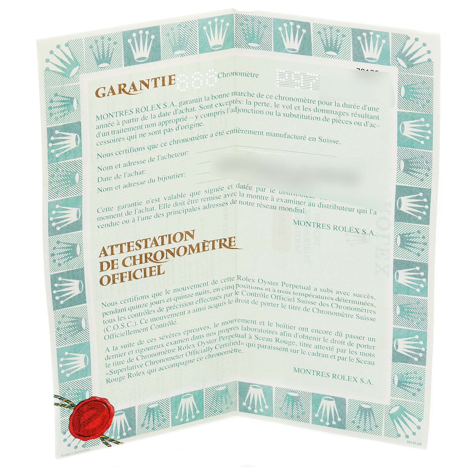 This image shows the official guarantee and chronometer certification documents for the Rolex Datejust 79173 Women's Steel and Gold (two tone) Champagne Dial 79173 Women's Steel and Gold (two tone) Champagne Dial model.