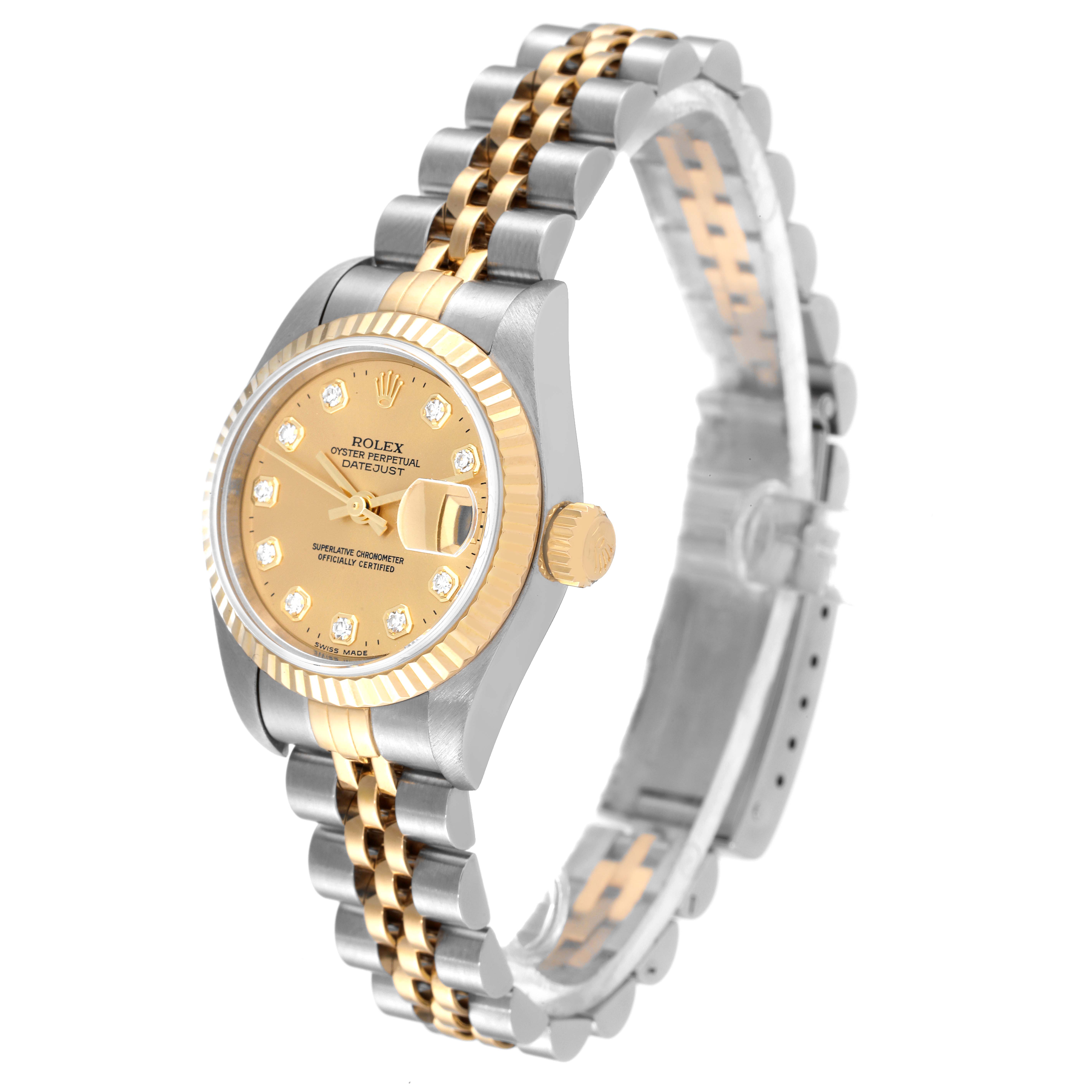 This image shows a side angle of a Rolex Datejust 79173 Women's Steel and Gold (two tone) Champagne Dial 79173 Women's Steel and Gold (two tone) Champagne Dial watch, highlighting the gold and silver bracelet and fluted bezel.