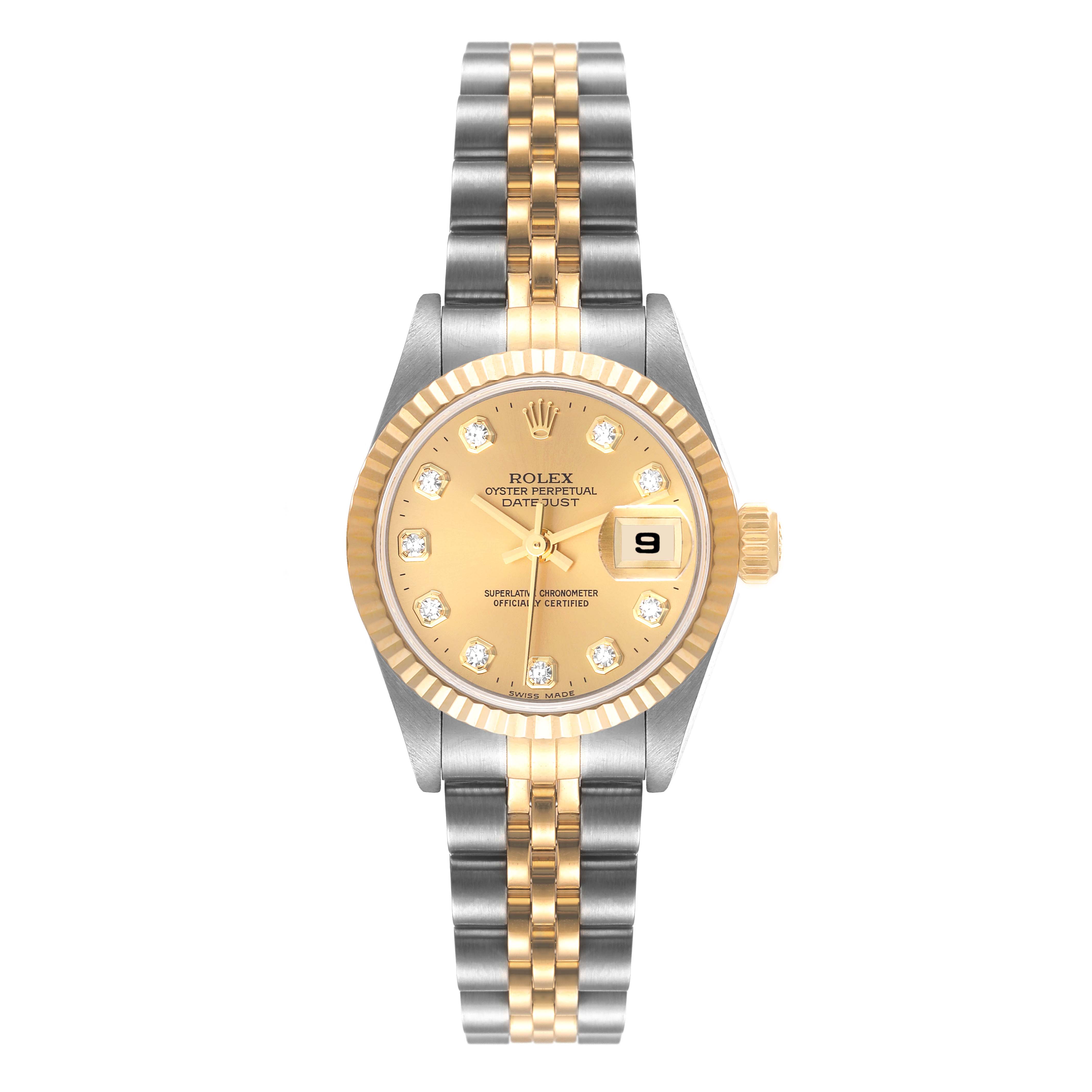 The image shows a front view of a Rolex Datejust 79173 Women's Steel and Gold (two tone) Champagne Dial 79173 Women's Steel and Gold (two tone) Champagne Dial watch, highlighting the dial, bezel, and bracelet.