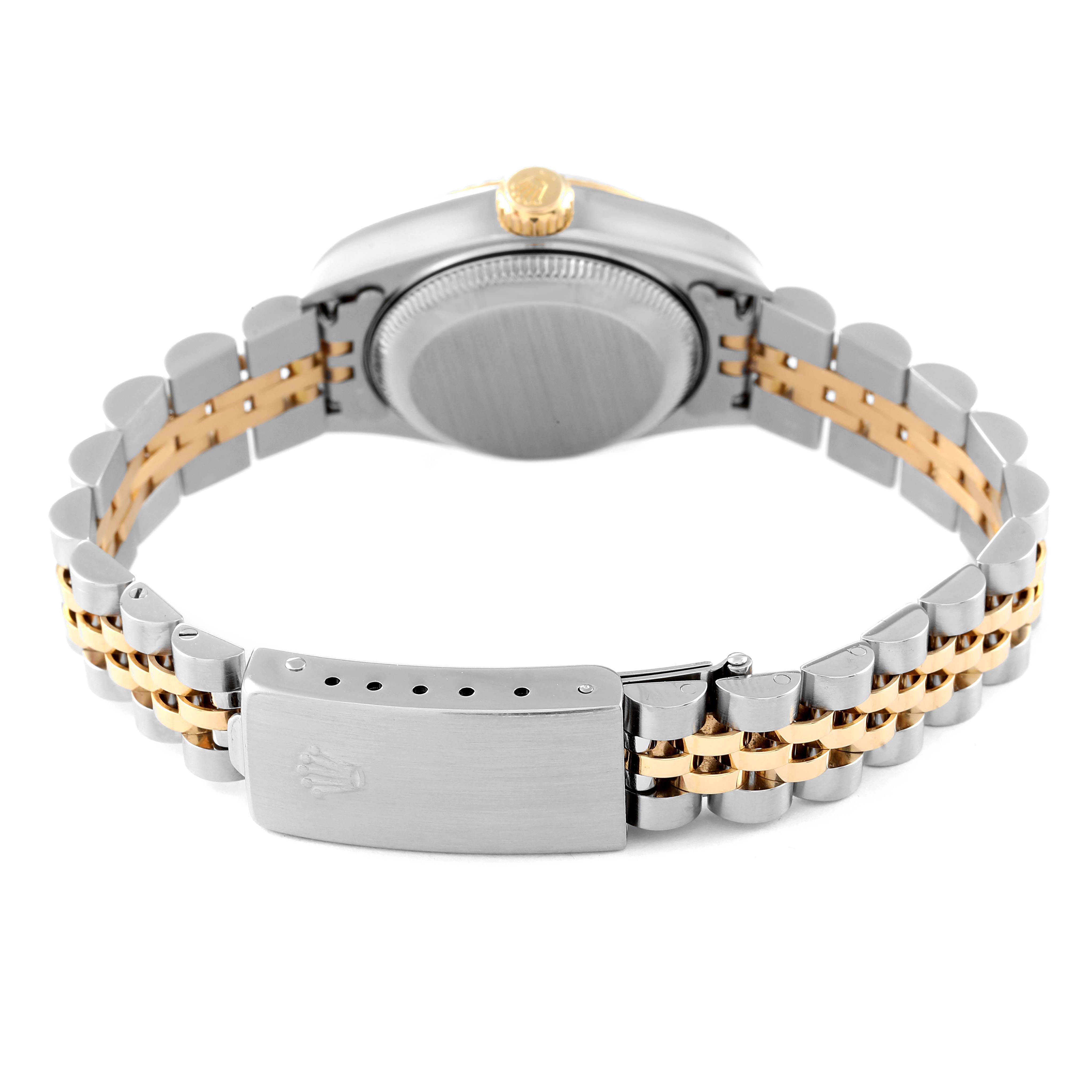 The image shows the back of a Rolex Datejust 79173 Women's Steel and Gold (two tone) Champagne Dial 79173 Women's Steel and Gold (two tone) Champagne Dial watch, highlighting the clasp and bracelet.