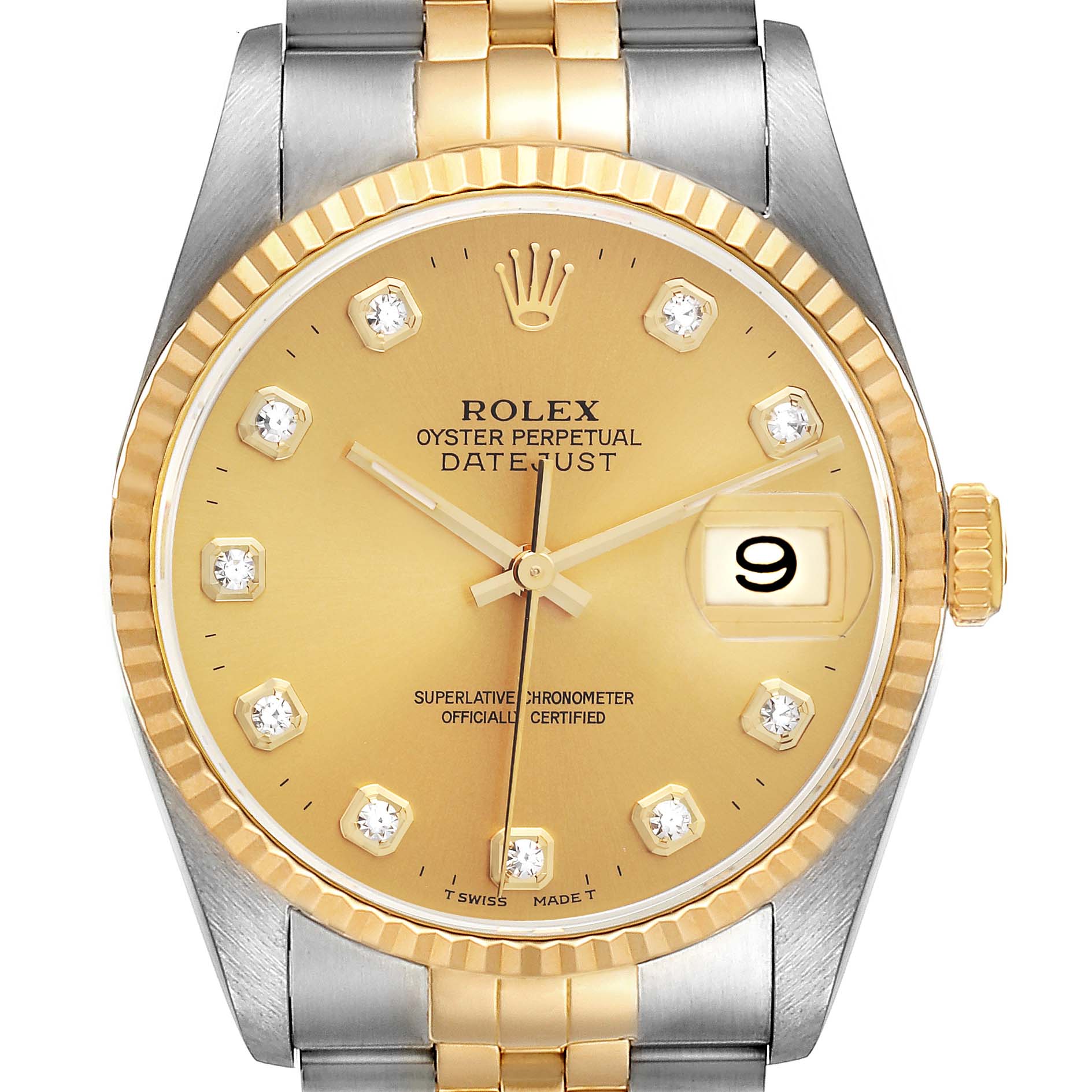 This image shows a frontal view of the Rolex Datejust 16233 Men's Steel and Gold (two tone) Champagne Dial 16233 Men's Steel and Gold (two tone) Champagne Dial watch, highlighting its dial, bezel, and part of the bracelet.