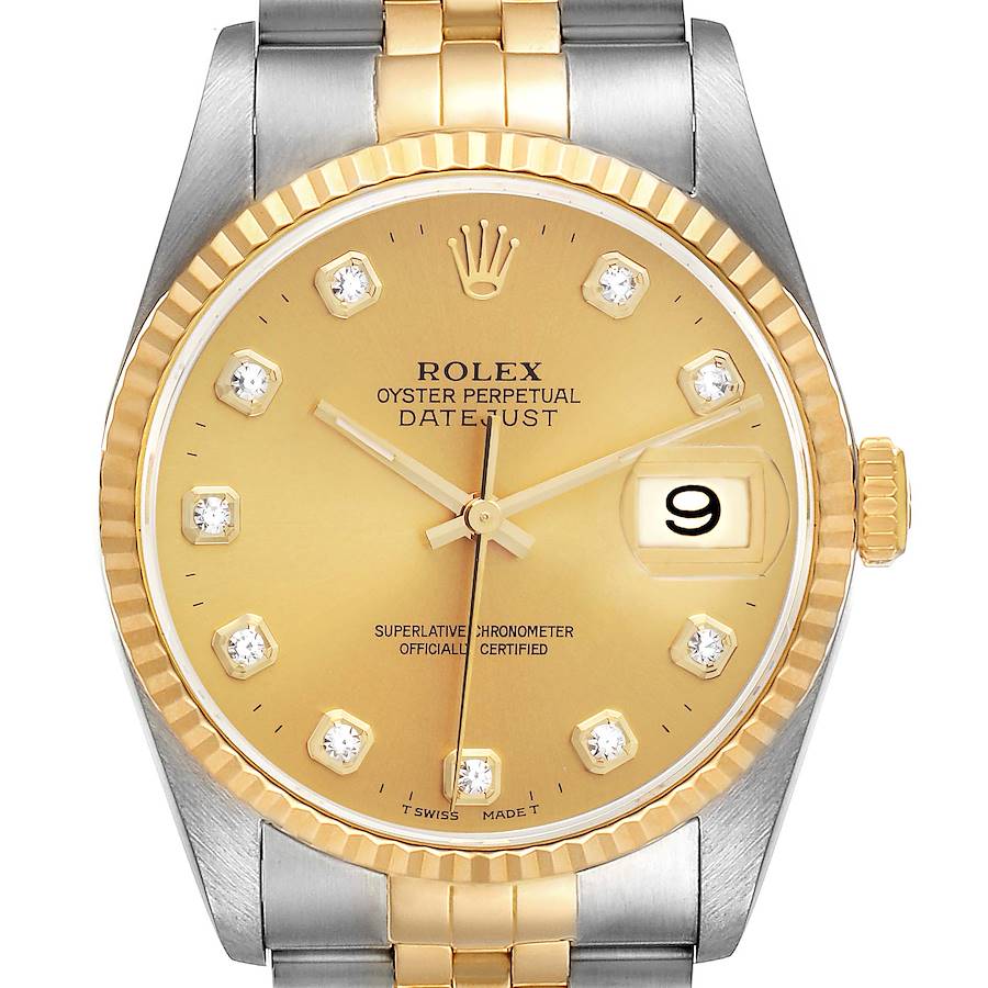 This image shows a frontal view of the Rolex Datejust watch, highlighting its dial, bezel, and part of the bracelet.