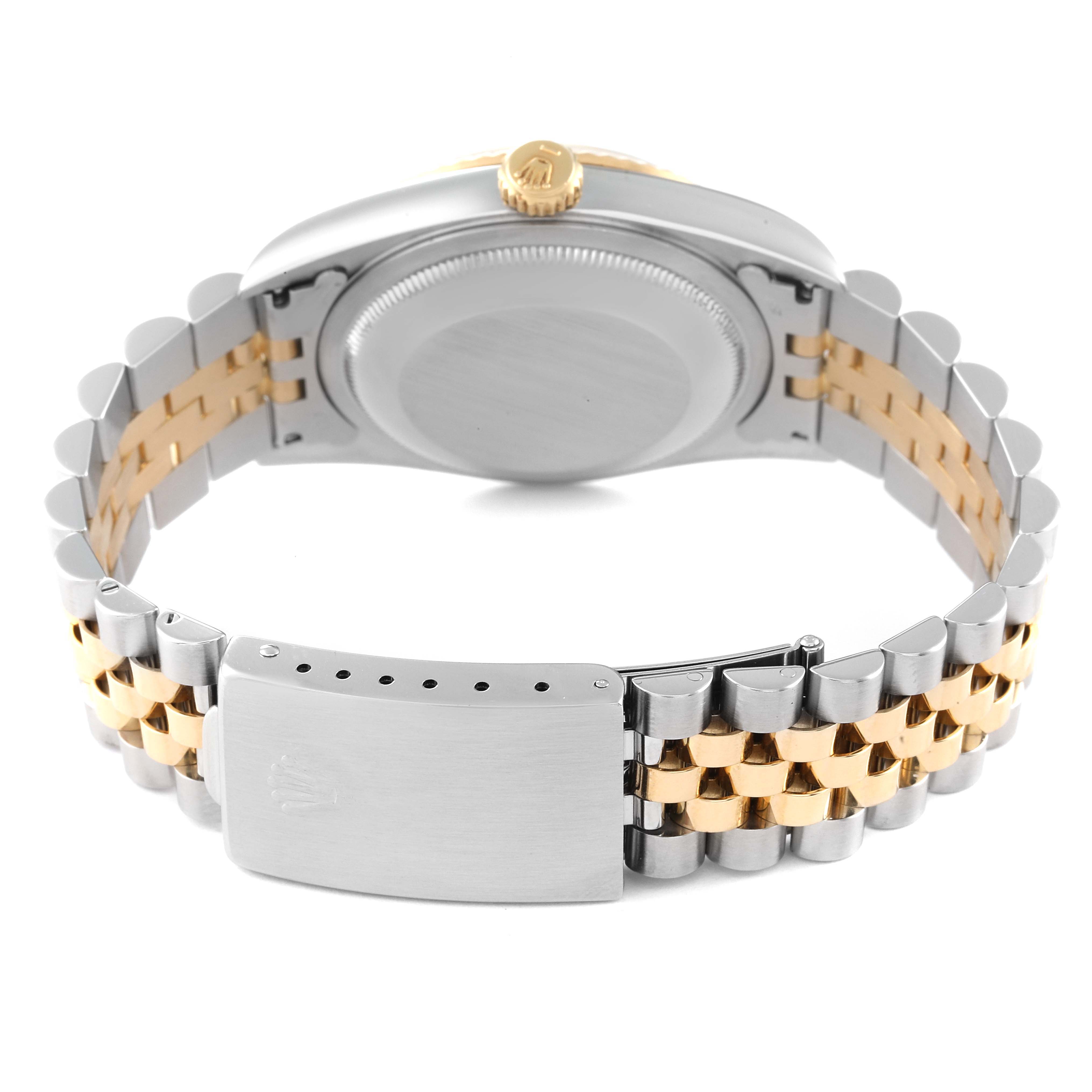 The image shows the back view of a Rolex Datejust 16233 Men's Steel and Gold (two tone) Champagne Dial 16233 Men's Steel and Gold (two tone) Champagne Dial watch, highlighting its case back, crown, and two-tone jubilee bracelet.