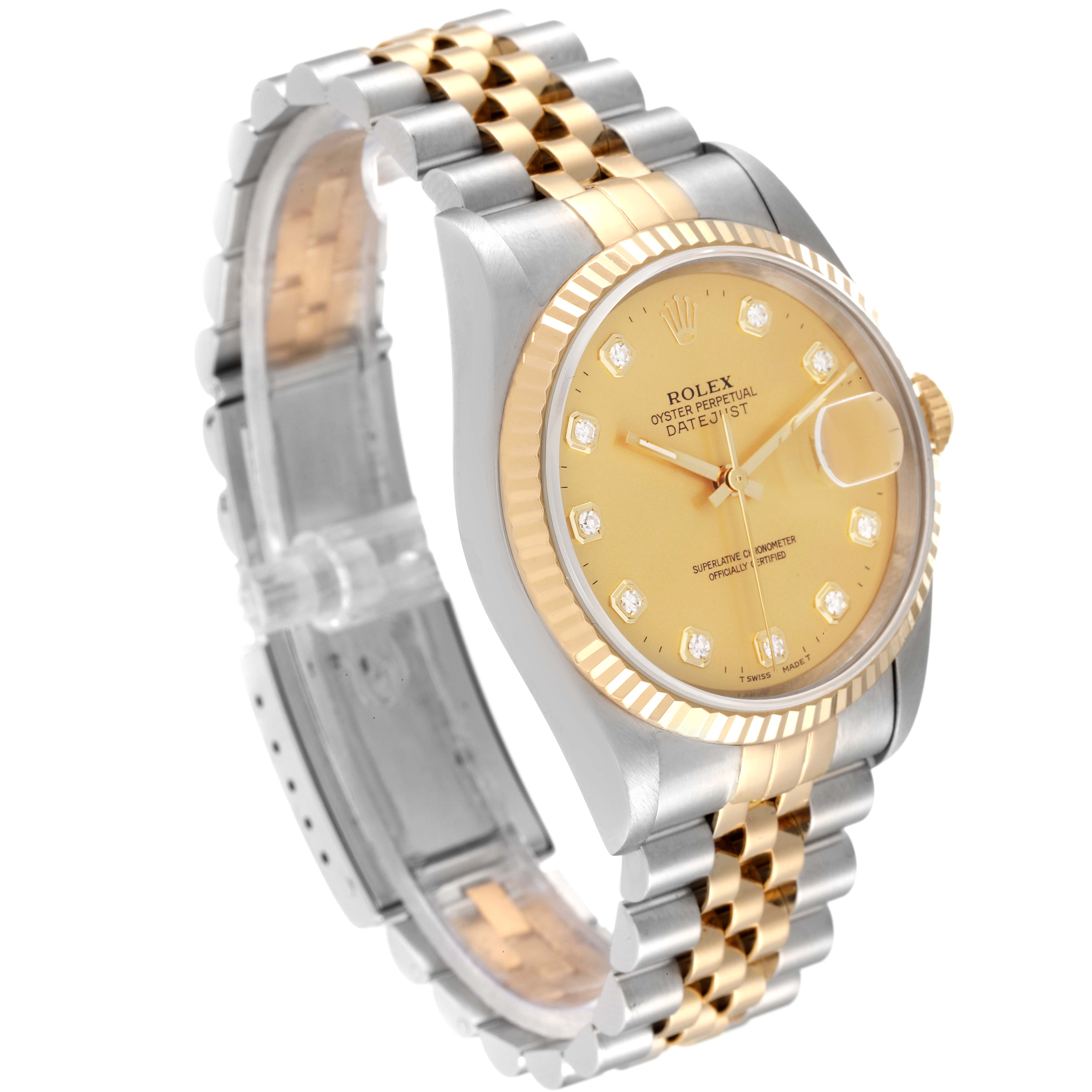 The image shows a Rolex Datejust 16233 Men's Steel and Gold (two tone) Champagne Dial 16233 Men's Steel and Gold (two tone) Champagne Dial watch at a three-quarter angle, highlighting its dial, bezel, and jubilee bracelet.