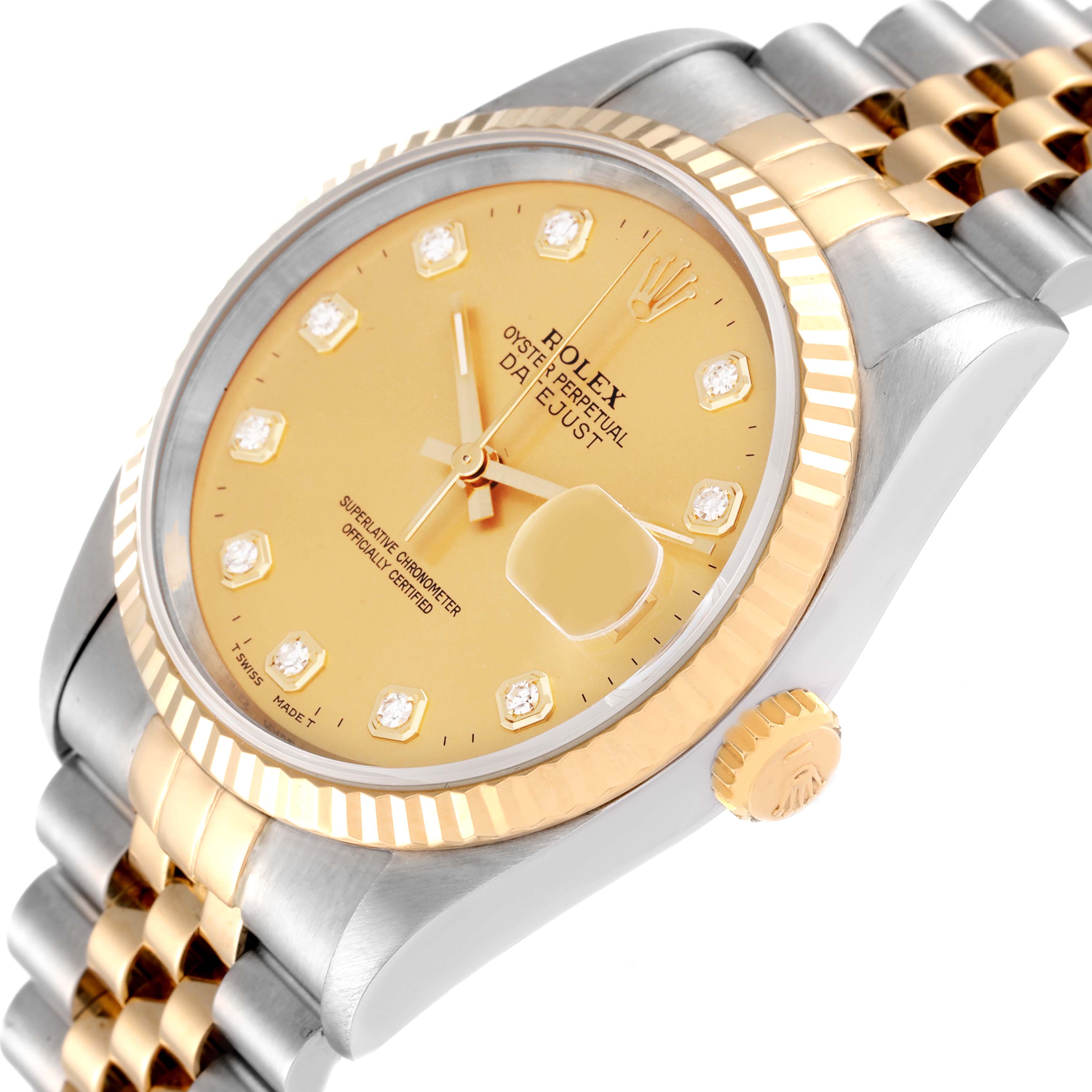 This Rolex Datejust 16233 Men's Steel and Gold (two tone) Champagne Dial 16233 Men's Steel and Gold (two tone) Champagne Dial model is shown at an angle, displaying its gold dial, fluted bezel, and part of the jubilee bracelet.