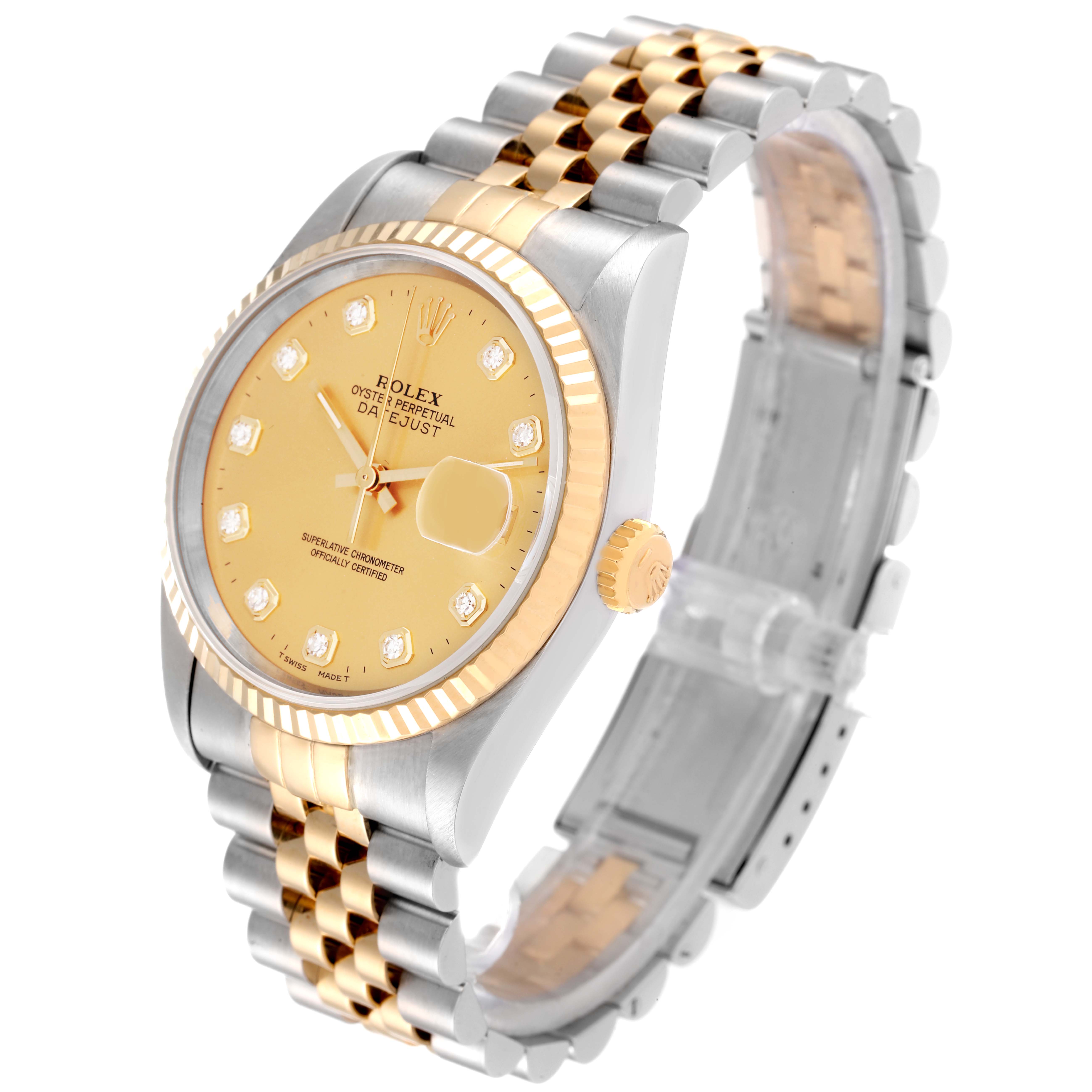 The Rolex Datejust 16233 Men's Steel and Gold (two tone) Champagne Dial 16233 Men's Steel and Gold (two tone) Champagne Dial model watch is shown at a slight angle, displaying its dial, bezel, crown, and bracelet.