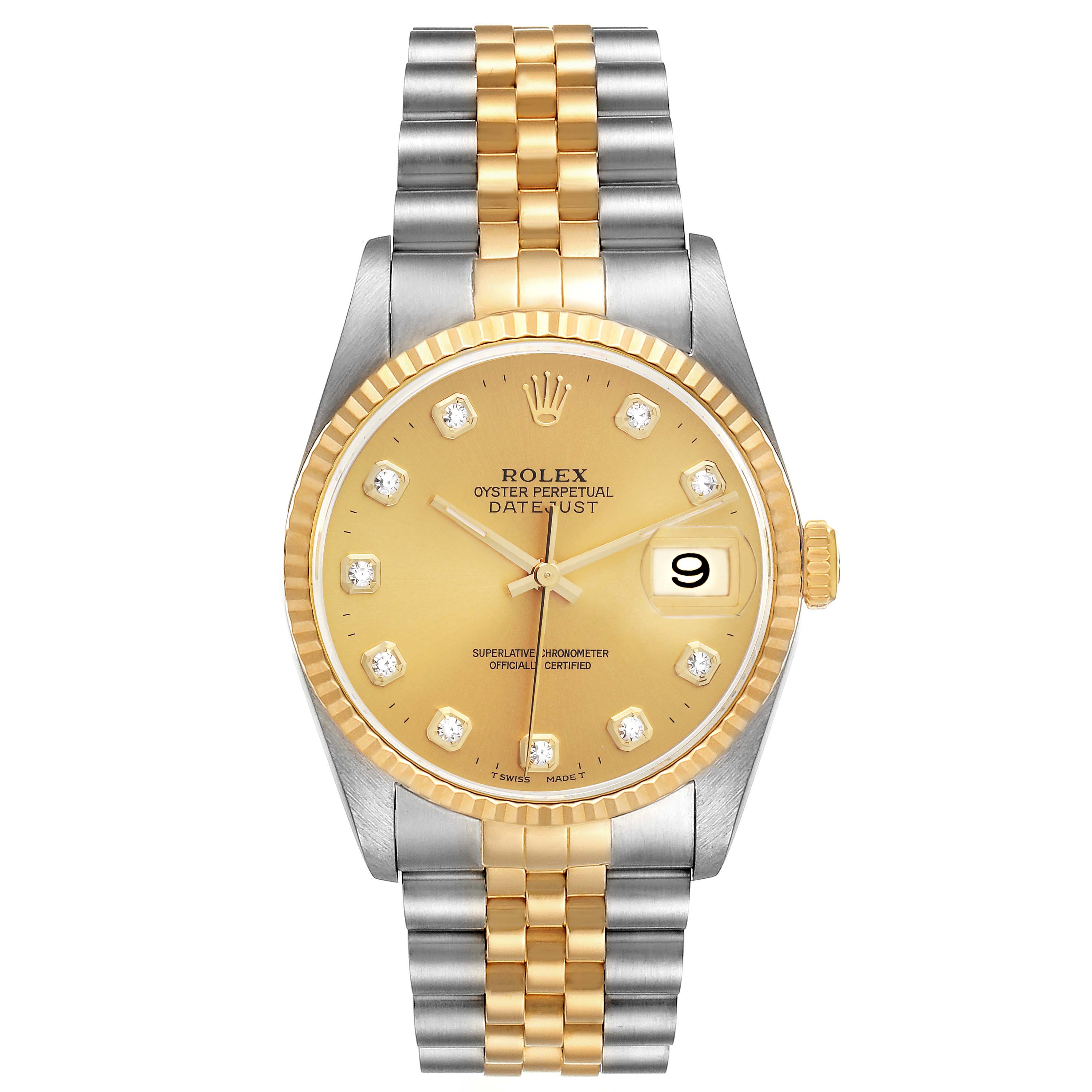 The Rolex Datejust 16233 Men's Steel and Gold (two tone) Champagne Dial 16233 Men's Steel and Gold (two tone) Champagne Dial watch is shown from a frontal view, highlighting the face, bezel, crown, and bracelet.