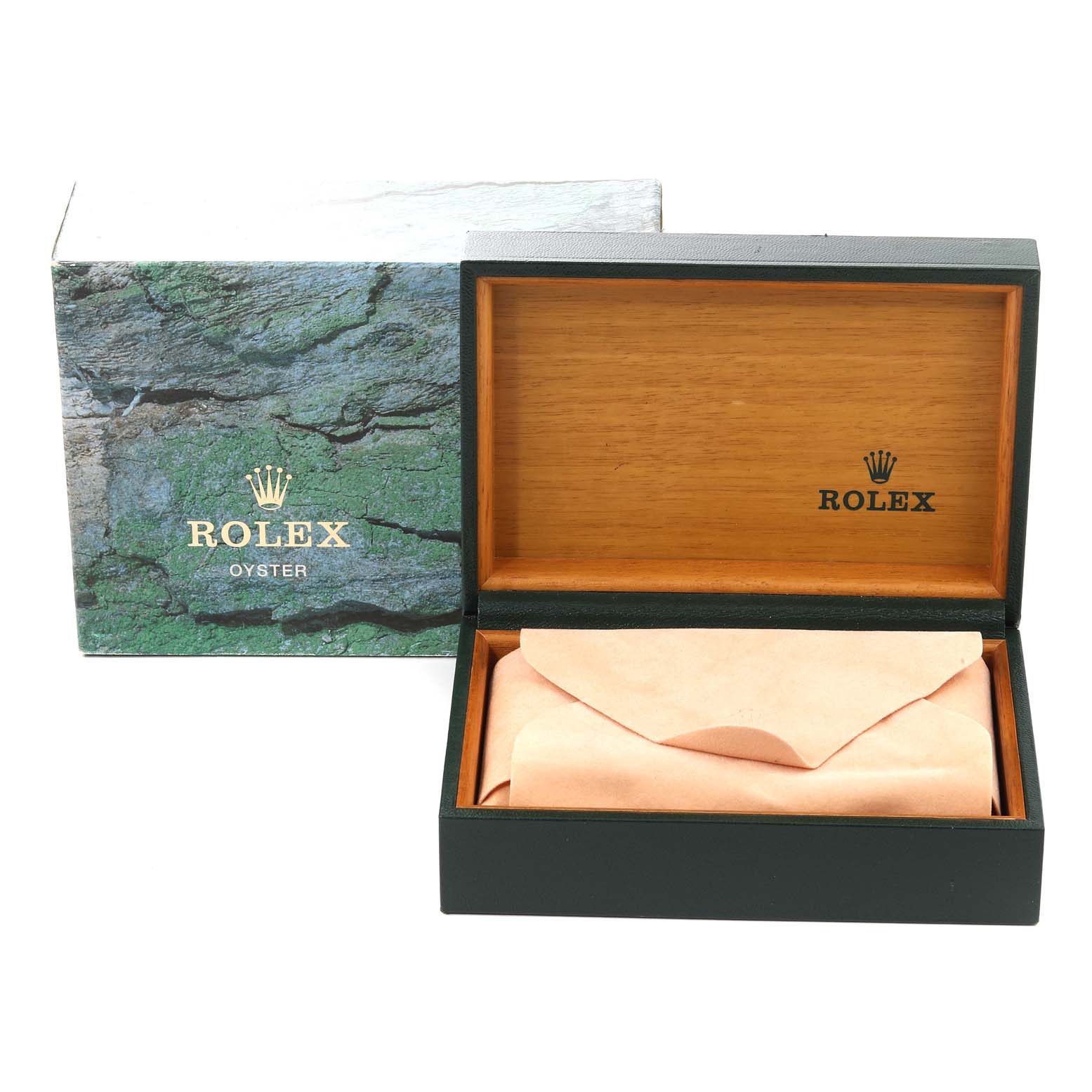 The image shows the Rolex Datejust 16233 Men's Steel and Gold (two tone) Champagne Dial 16233 Men's Steel and Gold (two tone) Champagne Dial watch's packaging, including both the outer box and the inner wooden case.
