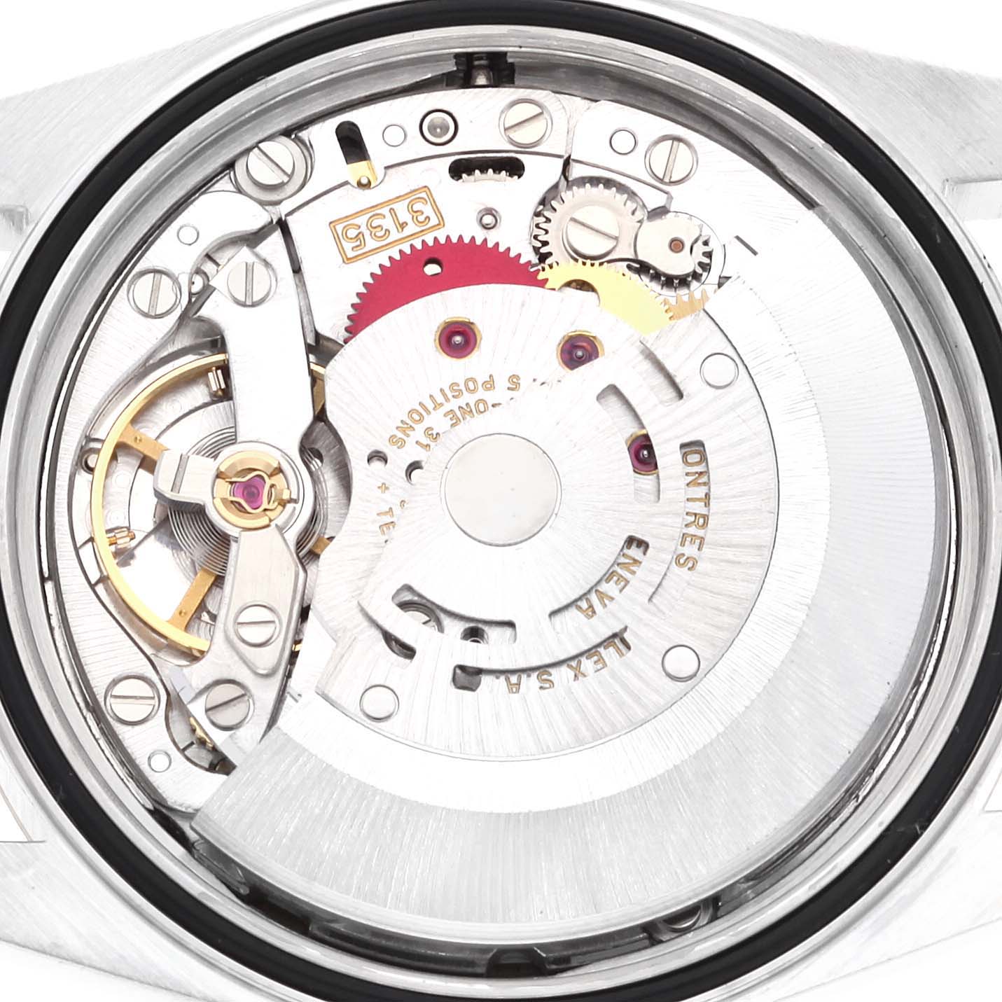 The image shows the inner mechanical movement components of a Rolex Datejust 16233 Men's Steel and Gold (two tone) Champagne Dial 16233 Men's Steel and Gold (two tone) Champagne Dial watch viewed from the back.