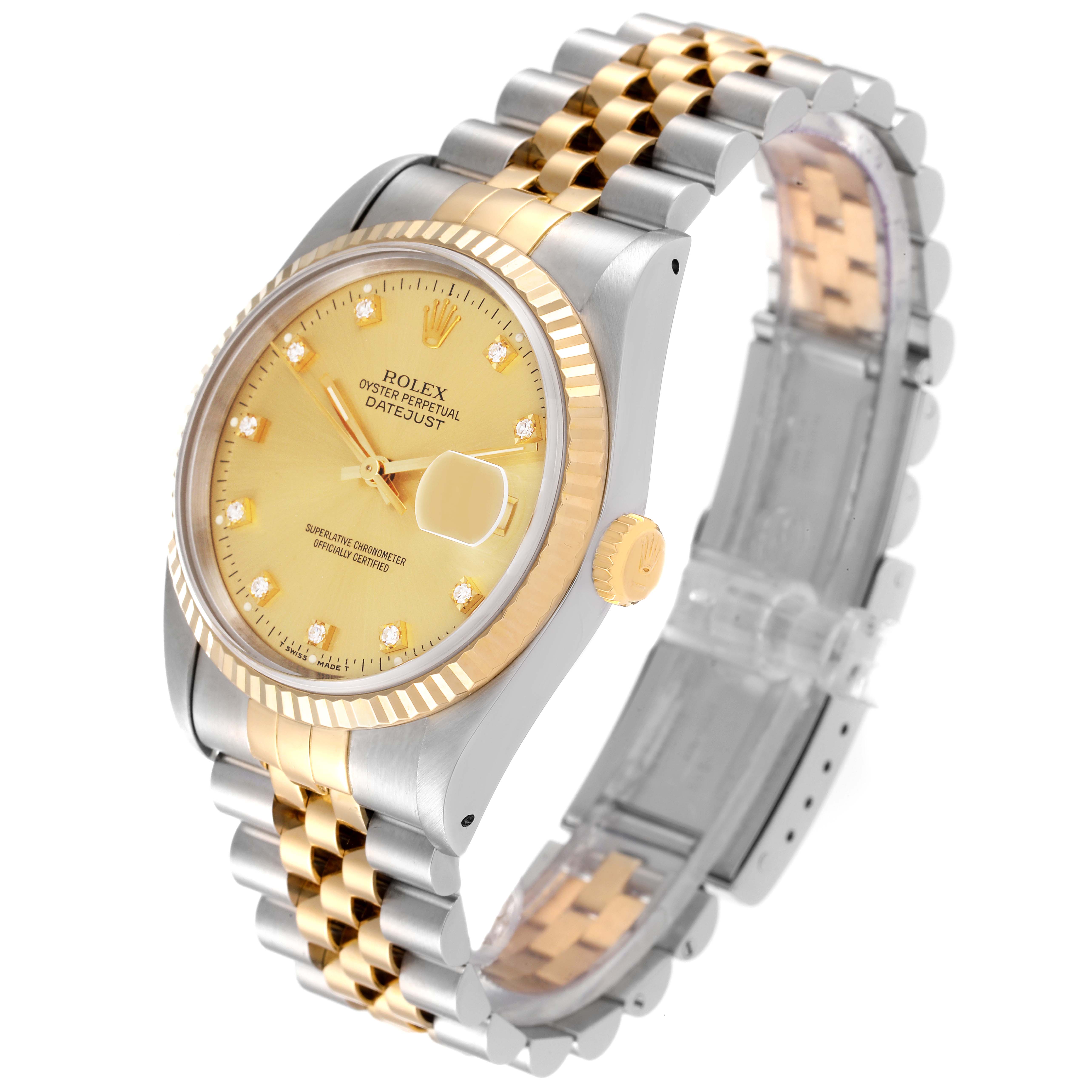 This image shows a Rolex Datejust 16233 Men's Steel and Gold (two tone) Champagne Dial 16233 Men's Steel and Gold (two tone) Champagne Dial watch with a gold and silver two-tone Jubilee bracelet at a three-quarter angle.