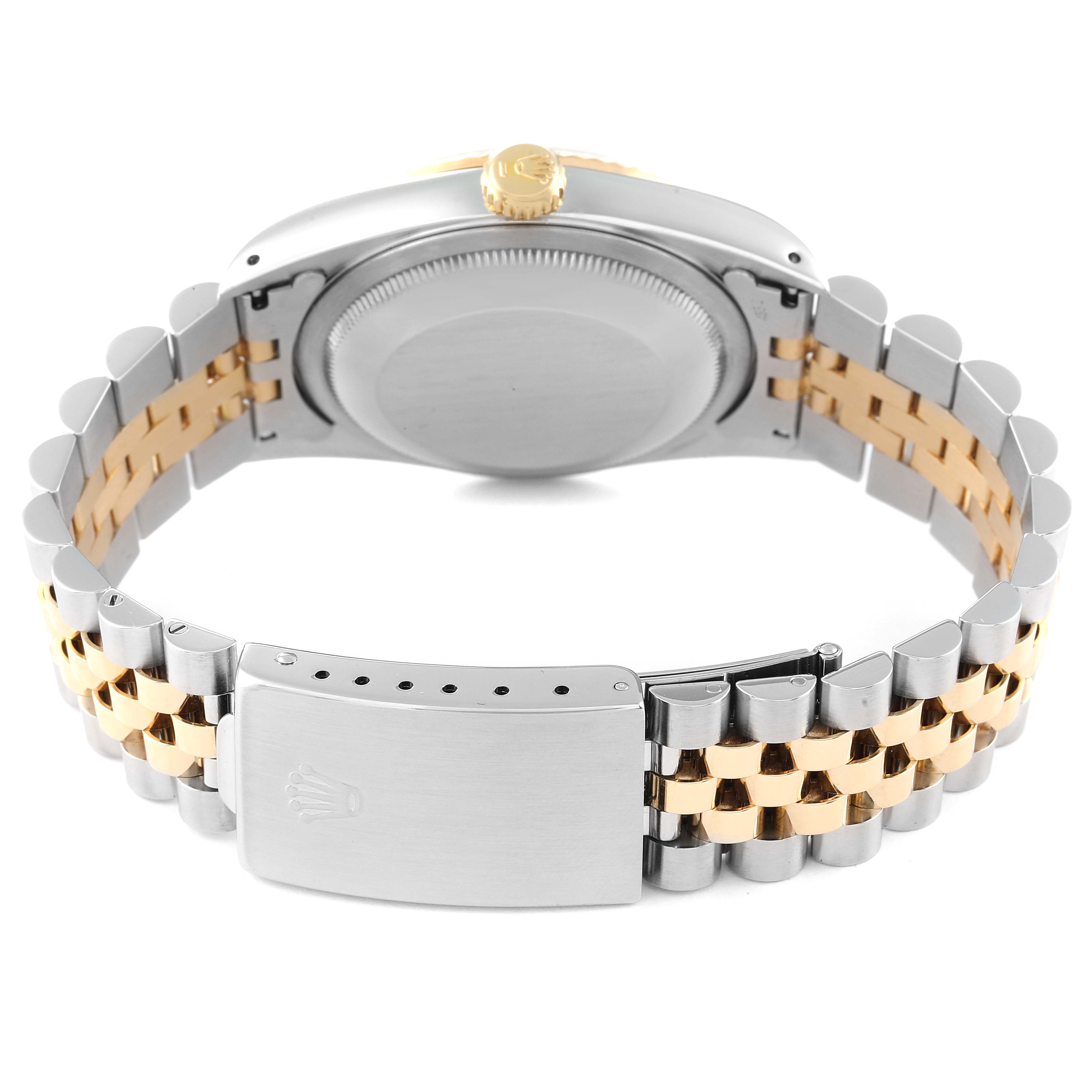 This image shows the back view of a Rolex Datejust 16233 Men's Steel and Gold (two tone) Champagne Dial 16233 Men's Steel and Gold (two tone) Champagne Dial's case, crown, and two-tone Jubilee bracelet.