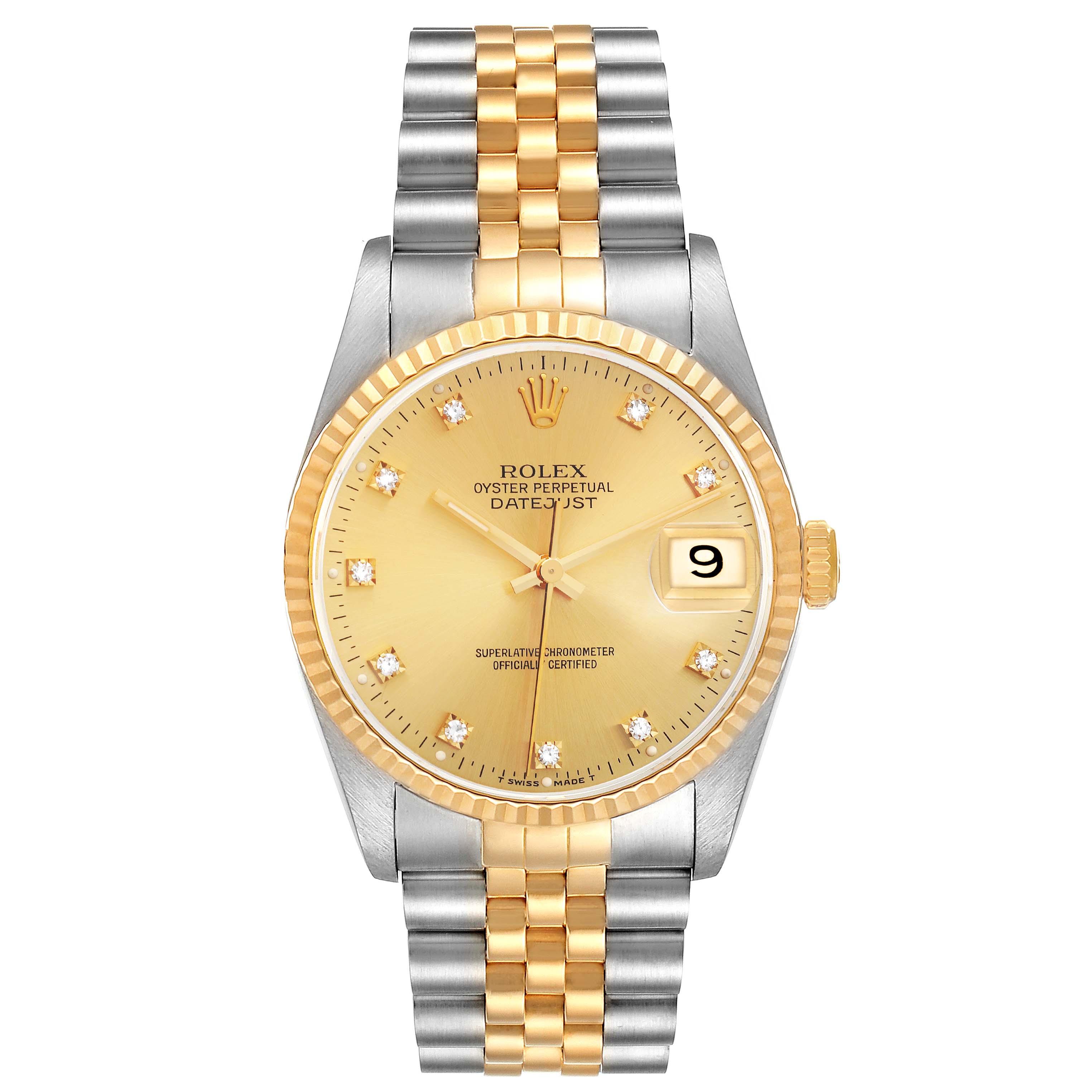 This is a front view of a Rolex Datejust 16233 Men's Steel and Gold (two tone) Champagne Dial 16233 Men's Steel and Gold (two tone) Champagne Dial showing the dial, date window, bracelet, and bezel.