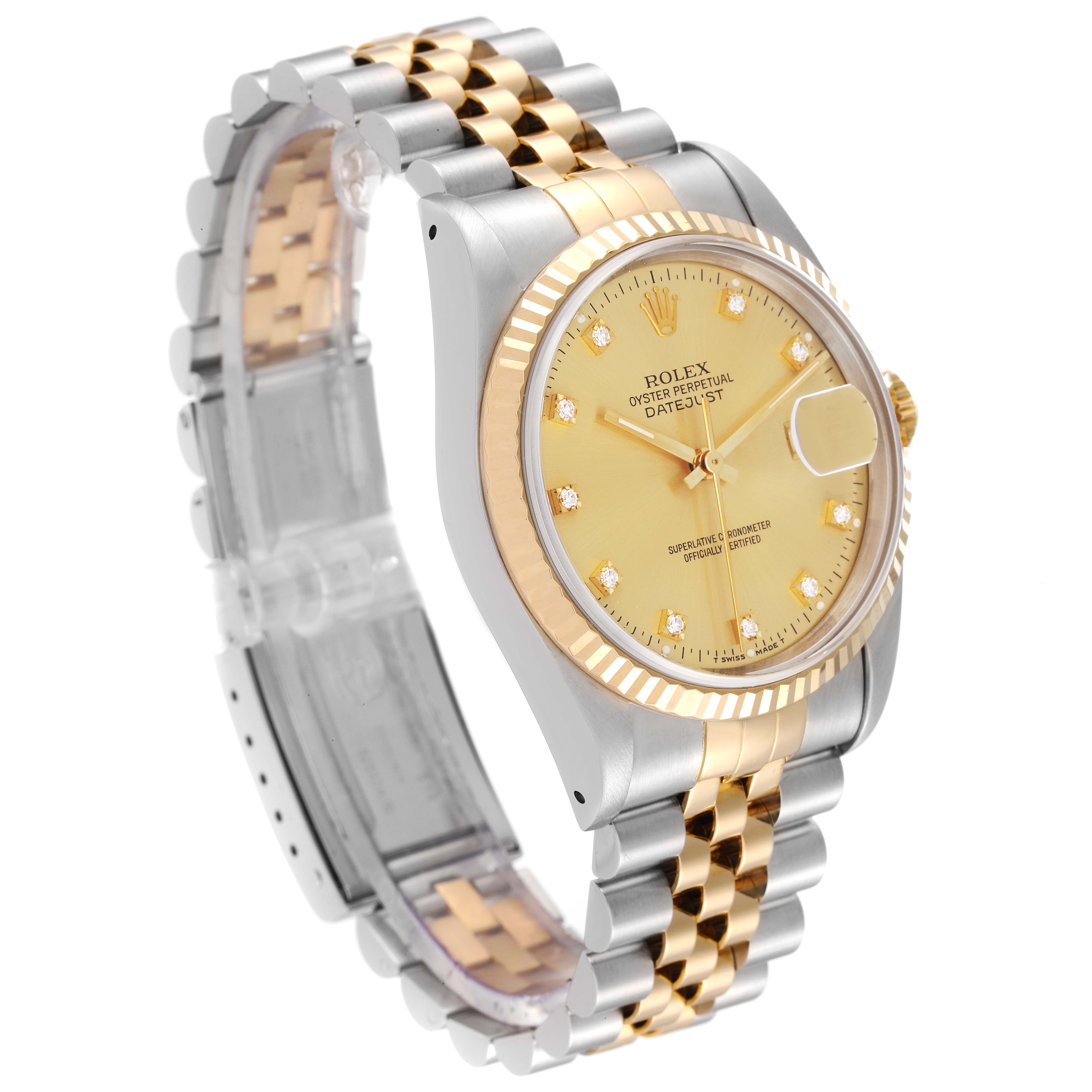This Rolex Datejust 16233 Men's Steel and Gold (two tone) Champagne Dial 16233 Men's Steel and Gold (two tone) Champagne Dial watch is displayed at a three-quarter angle, showing the face, bezel, and two-tone Jubilee bracelet.