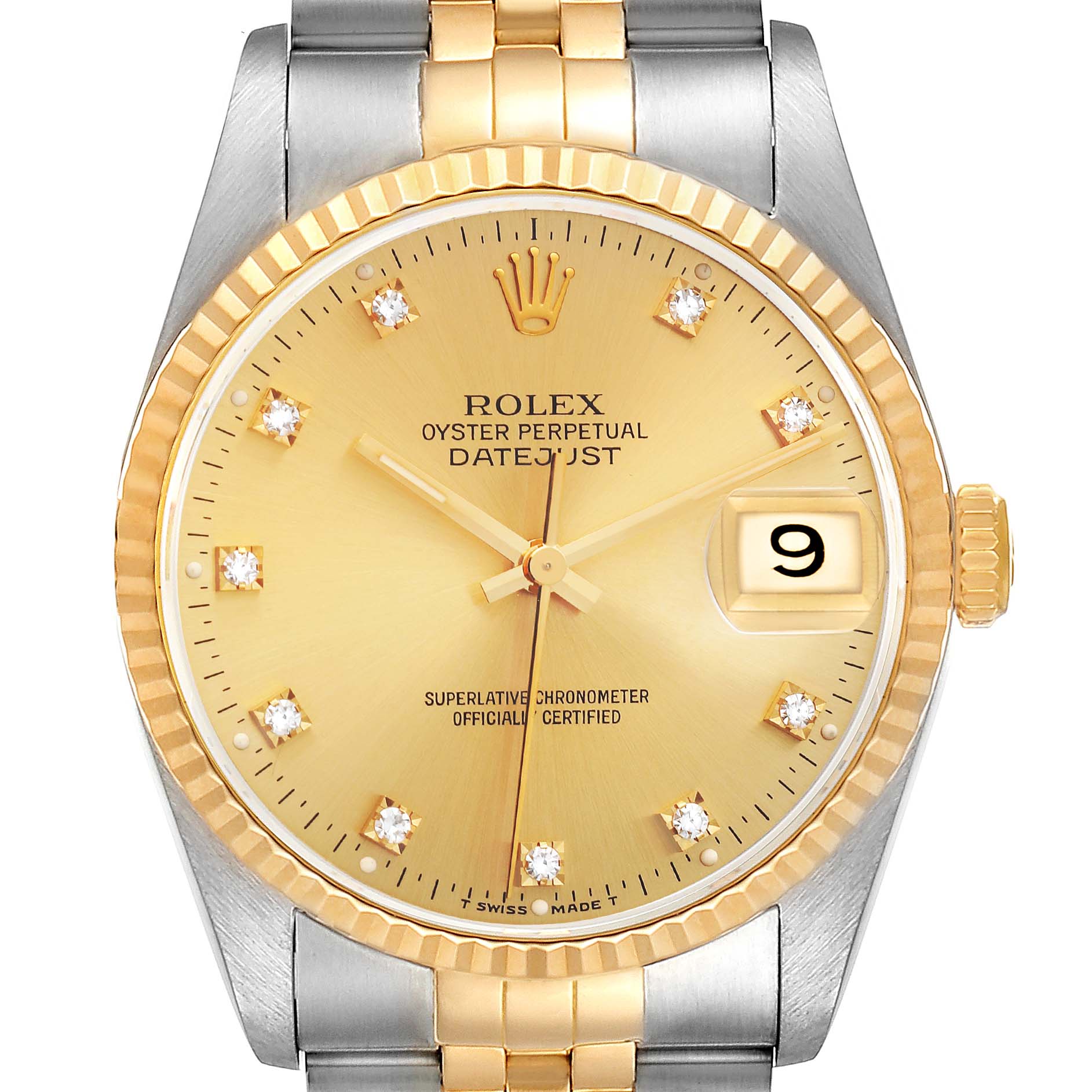 This image shows a front view of the Rolex Datejust 16233 Men's Steel and Gold (two tone) Champagne Dial 16233 Men's Steel and Gold (two tone) Champagne Dial watch, highlighting its gold dial, fluted bezel, and two-tone bracelet.