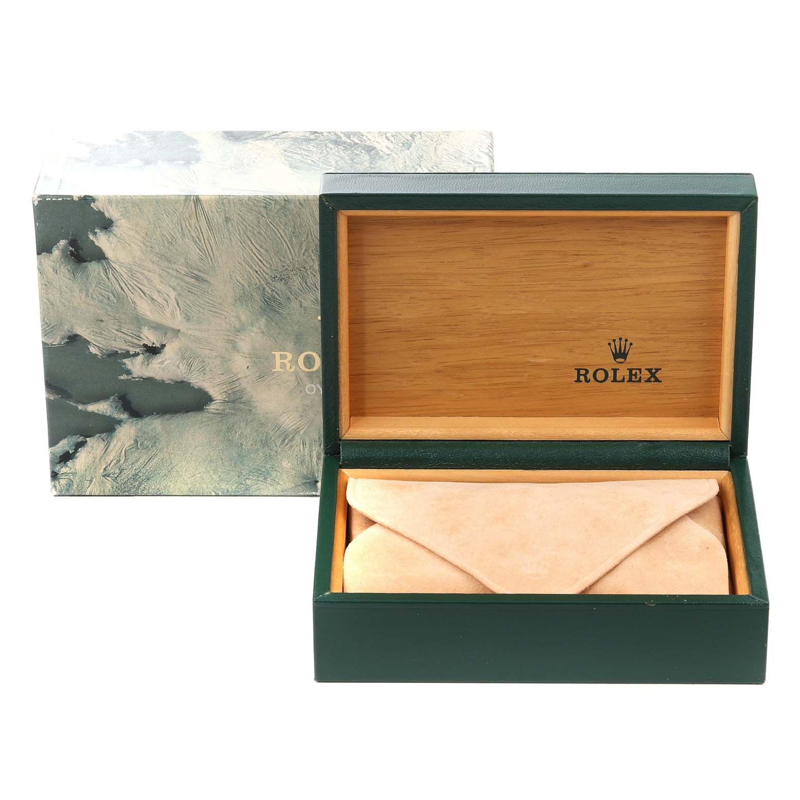 The image shows a Rolex Datejust 16233 Men's Steel and Gold (two tone) Champagne Dial 16233 Men's Steel and Gold (two tone) Champagne Dial packaging box, with the inner wooden box open to reveal a beige cushion.