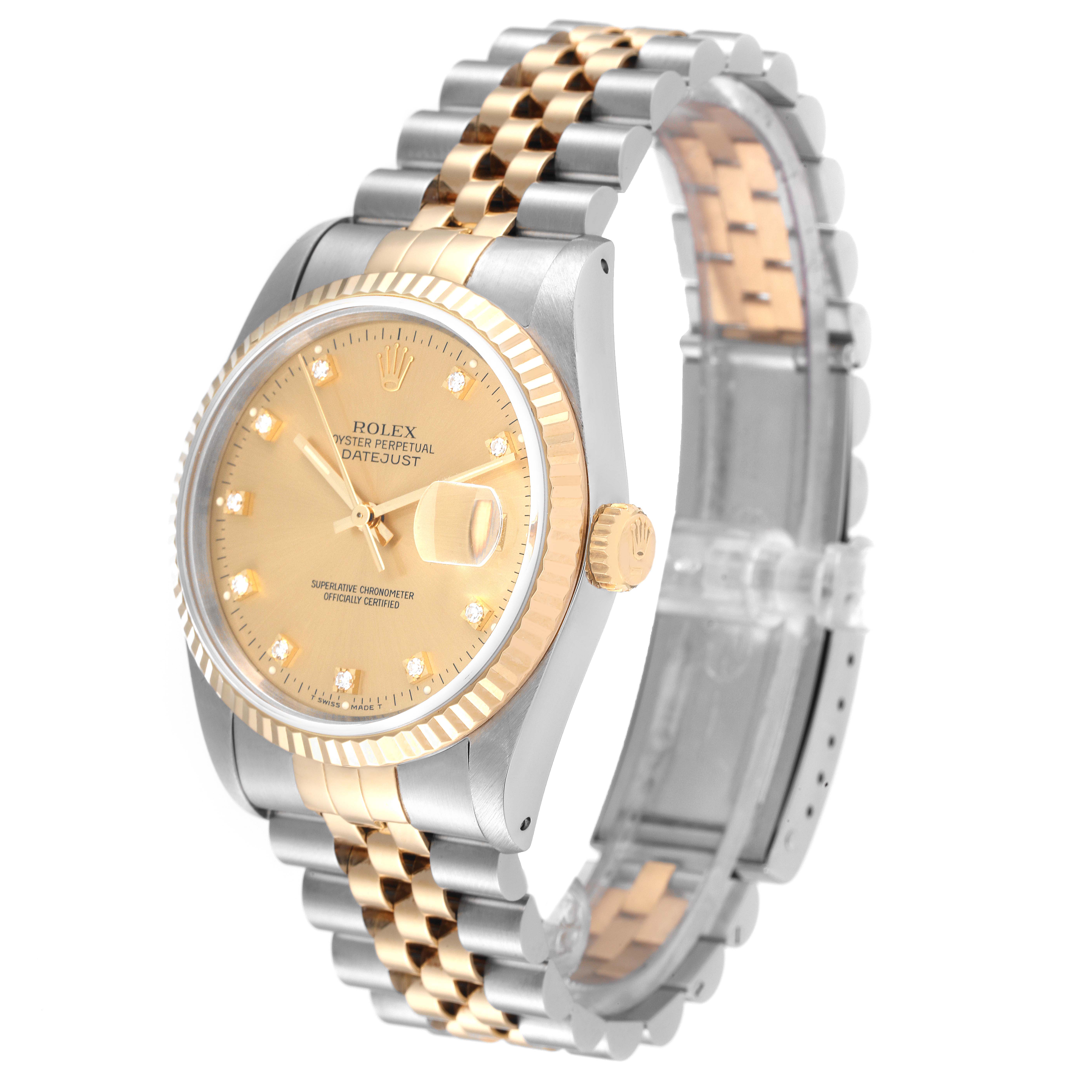 The image shows a Rolex Datejust 16233 Men's Steel and Gold (two tone) Champagne Dial 16233 Men's Steel and Gold (two tone) Champagne Dial watch angled to display the dial, bezel, and bracelet with a Jubilee two-tone band.