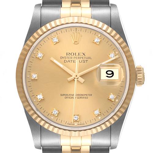 The image shows the face and partial band of a Rolex Datejust watch, featuring a gold dial with diamond hour markers.