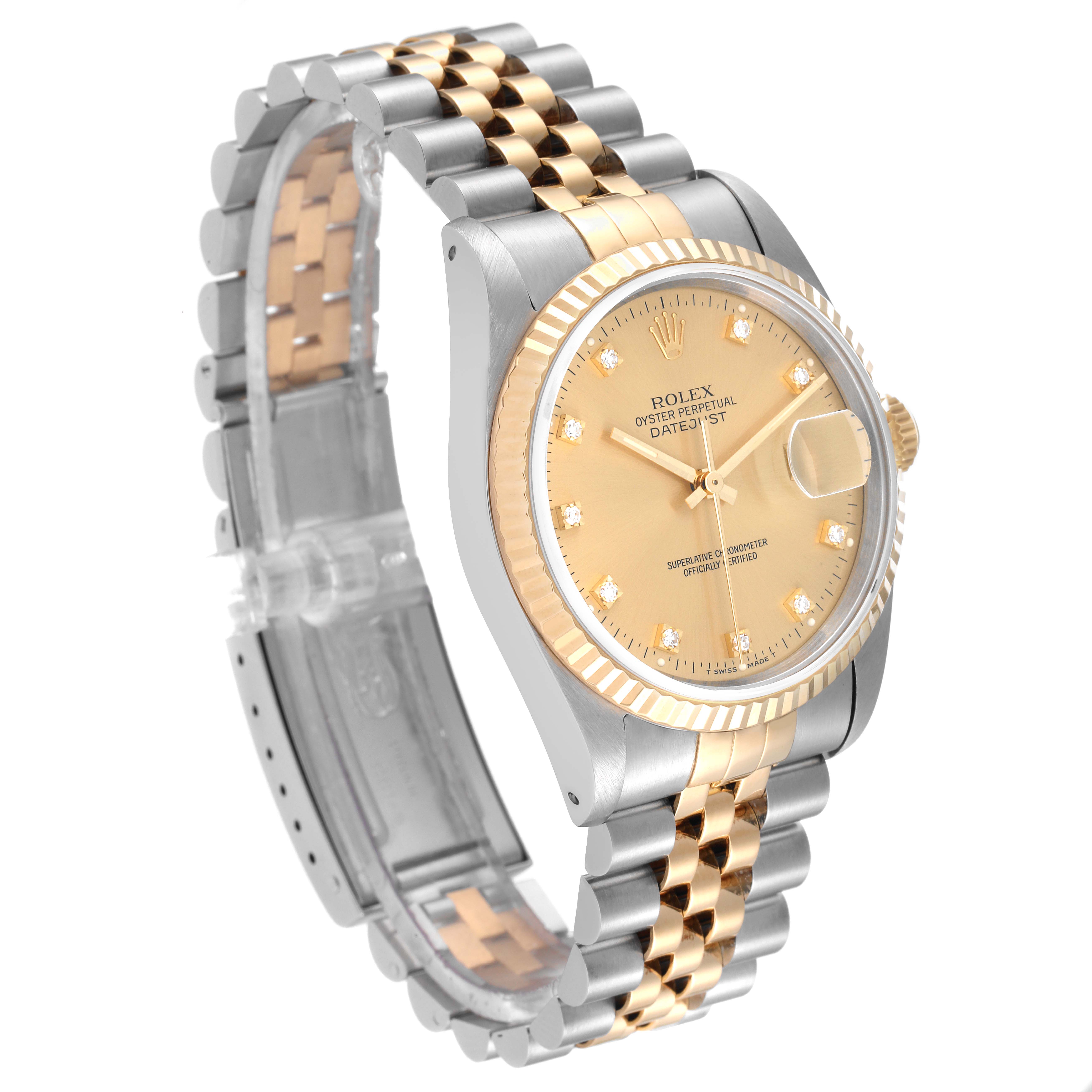 This Rolex Datejust 16233 Men's Steel and Gold (two tone) Champagne Dial 16233 Men's Steel and Gold (two tone) Champagne Dial watch is shown at a three-quarter angle, displaying the face, bezel, and part of the bracelet.