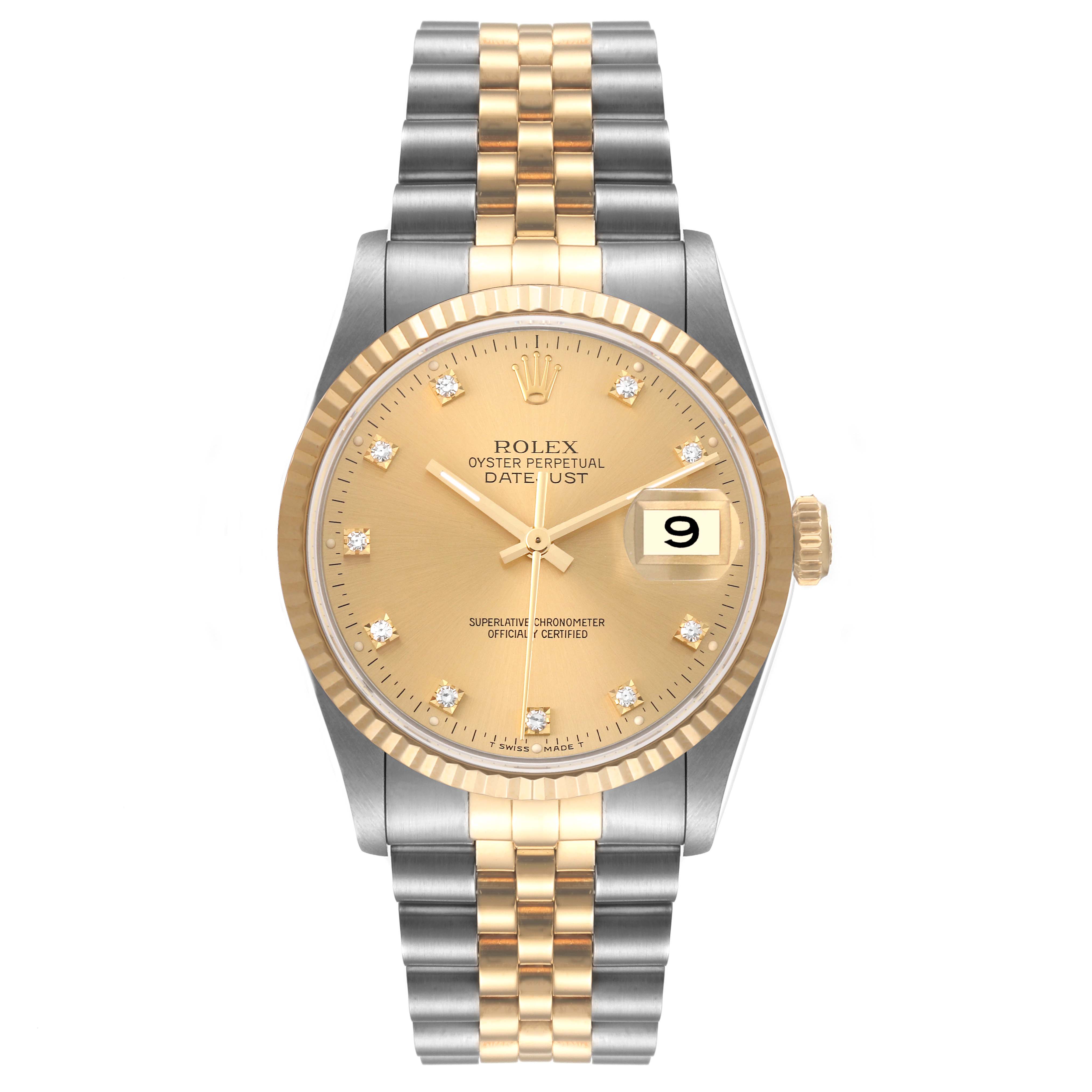 This image shows a front view of a Rolex Datejust 16233 Men's Steel and Gold (two tone) Champagne Dial 16233 Men's Steel and Gold (two tone) Champagne Dial watch, displaying its dial, bezel, and two-tone Jubilee bracelet.