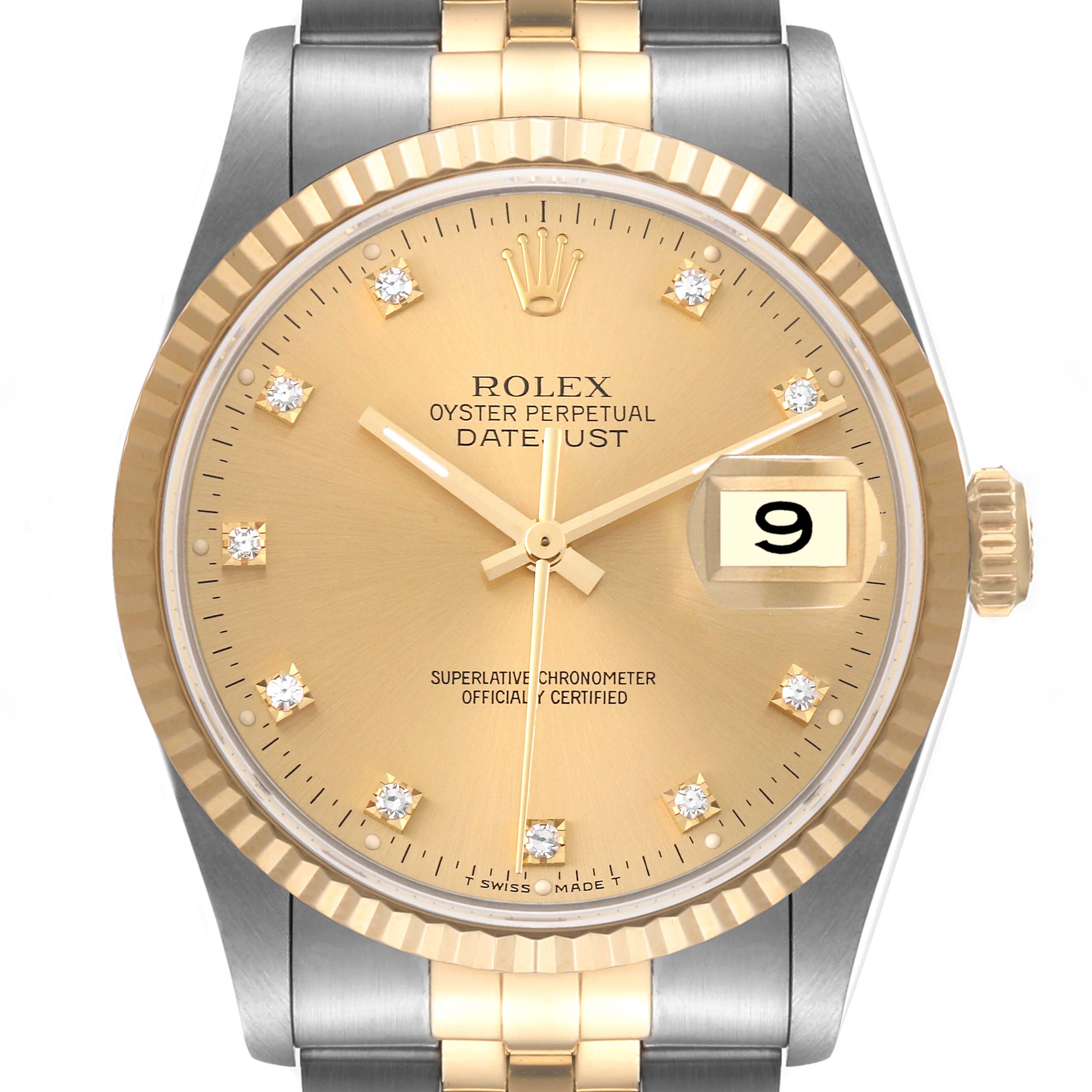 This image shows a close-up, front view of the Rolex Datejust 16233 Men's Steel and Gold (two tone) Champagne Dial 16233 Men's Steel and Gold (two tone) Champagne Dial watch, highlighting the dial, hands, and date window.