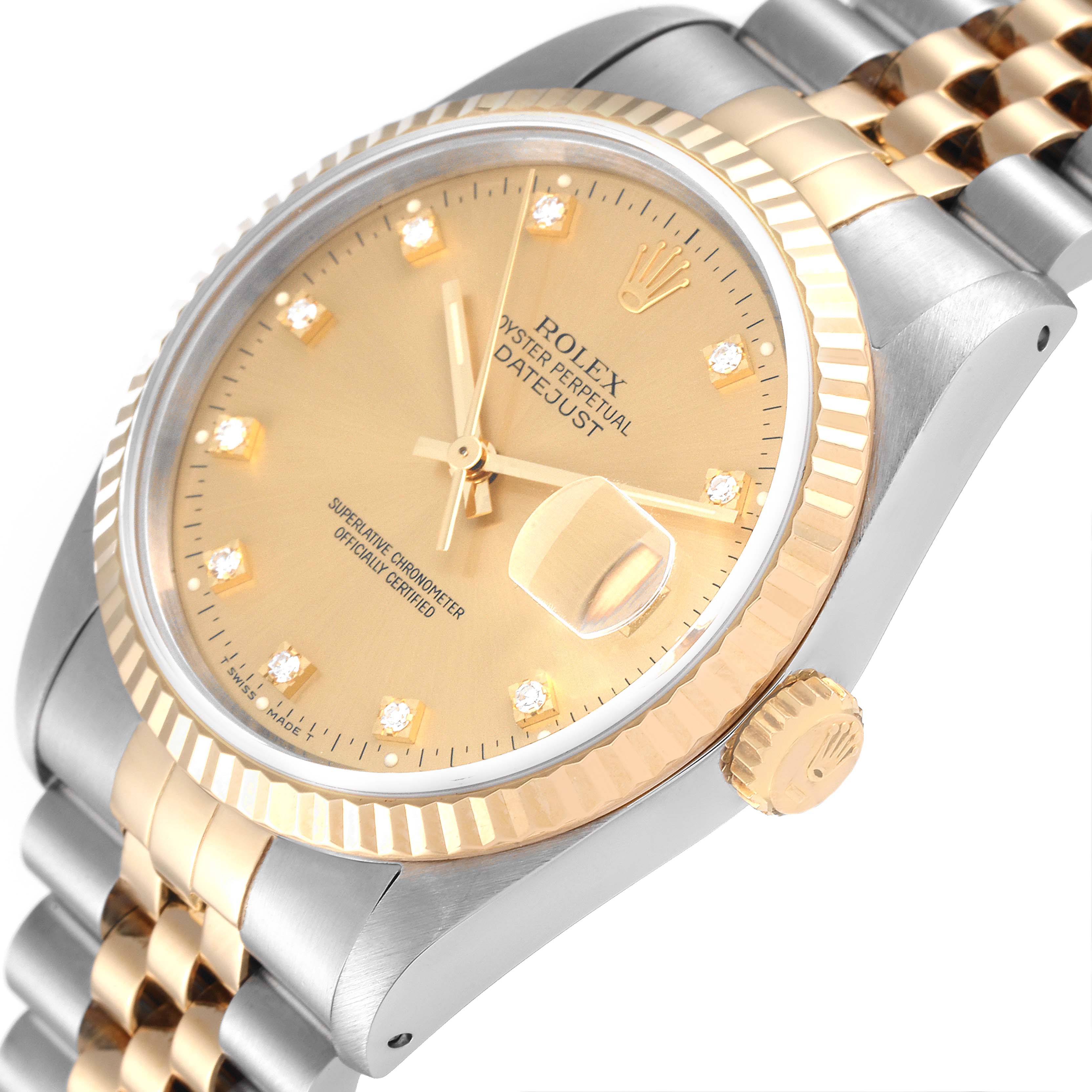 The image shows a close-up angled view of a Rolex Datejust 16233 Men's Steel and Gold (two tone) Champagne Dial 16233 Men's Steel and Gold (two tone) Champagne Dial watch, featuring its crown, dial, and bracelet.