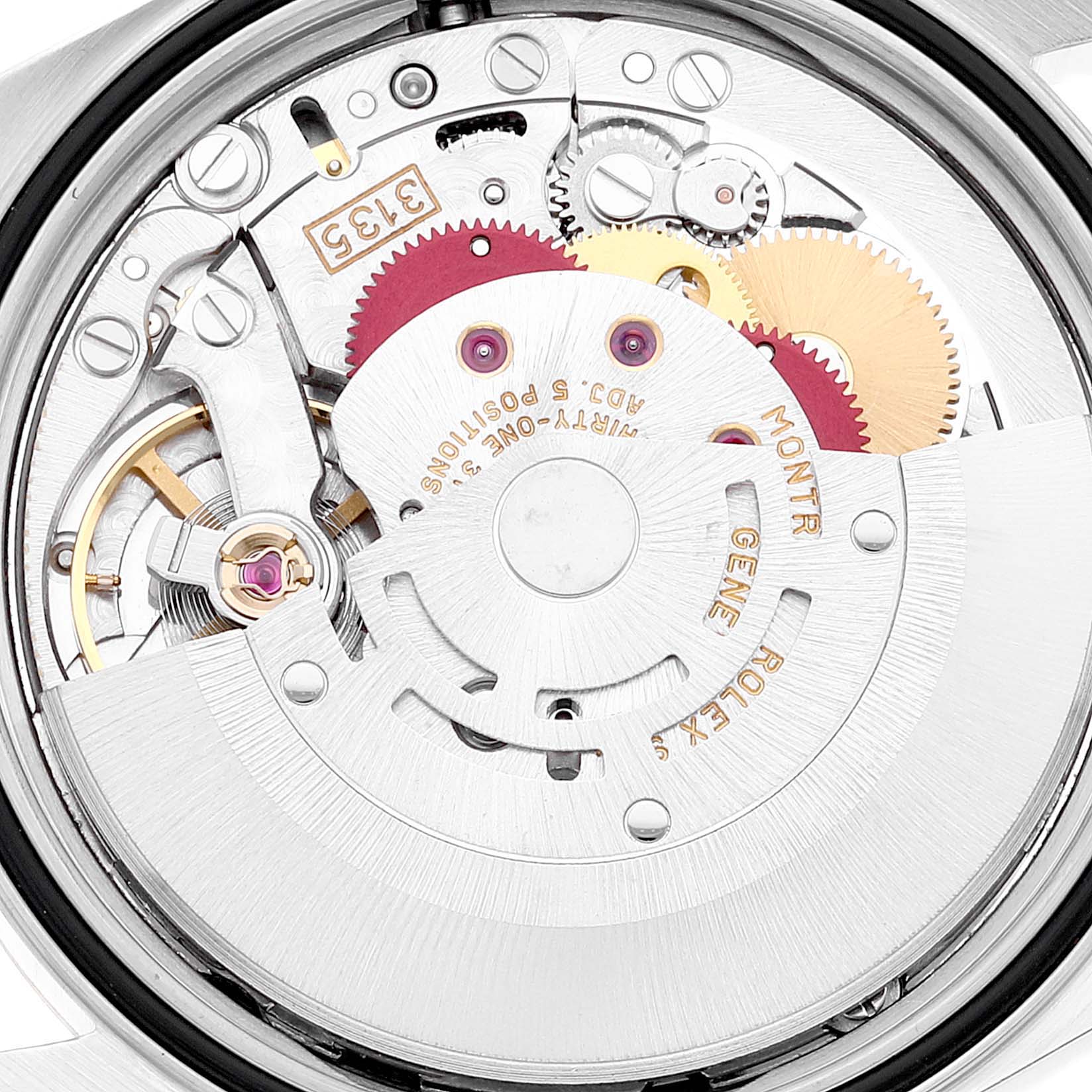 This image shows the internal mechanism of a Rolex Datejust 16233 Men's Steel and Gold (two tone) Champagne Dial 16233 Men's Steel and Gold (two tone) Champagne Dial watch from a top-down angle.