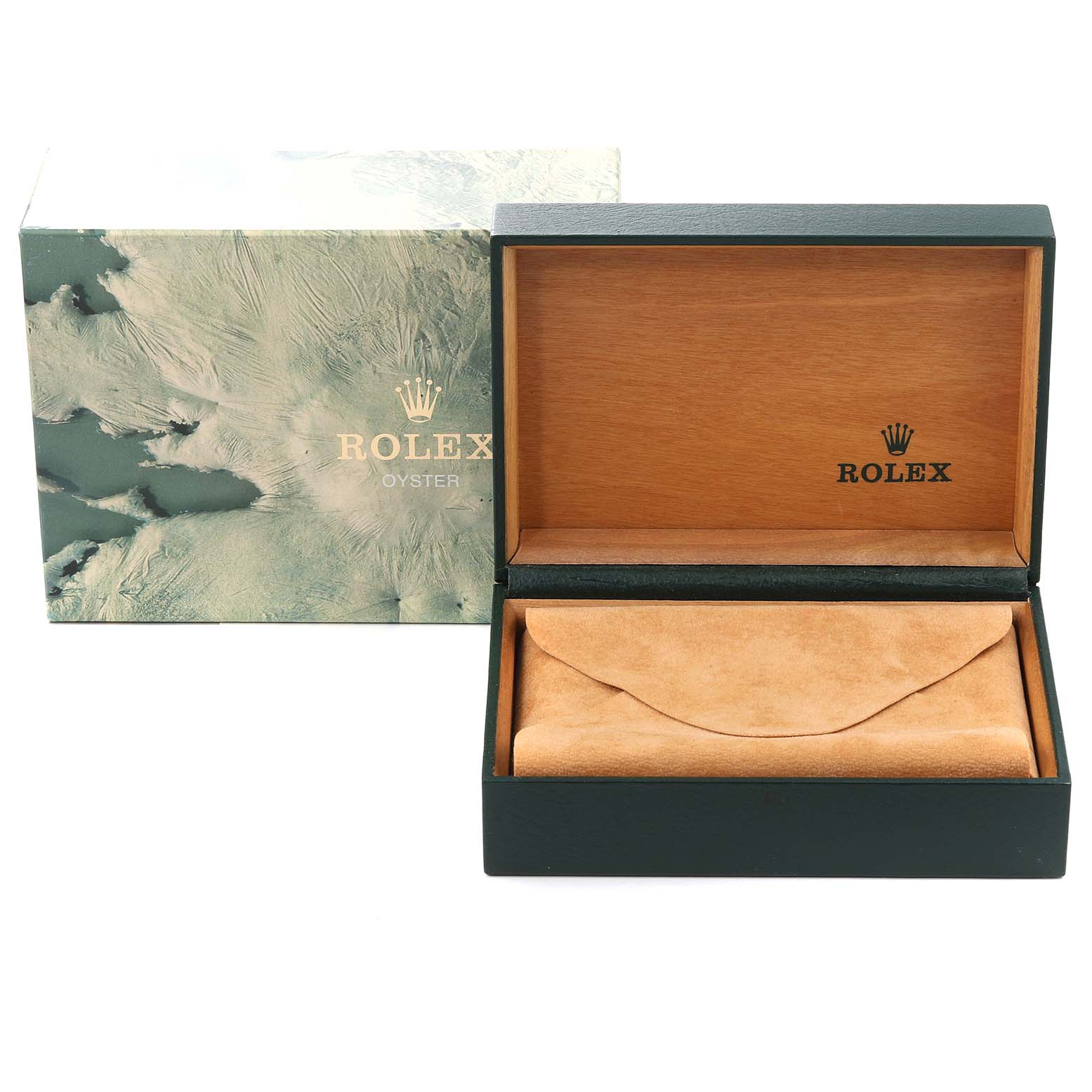 The image shows the packaging for a Rolex Datejust 16233 Men's Steel and Gold (two tone) Champagne Dial 16233 Men's Steel and Gold (two tone) Champagne Dial, including the opened wooden box and the outer box with the Rolex logo.