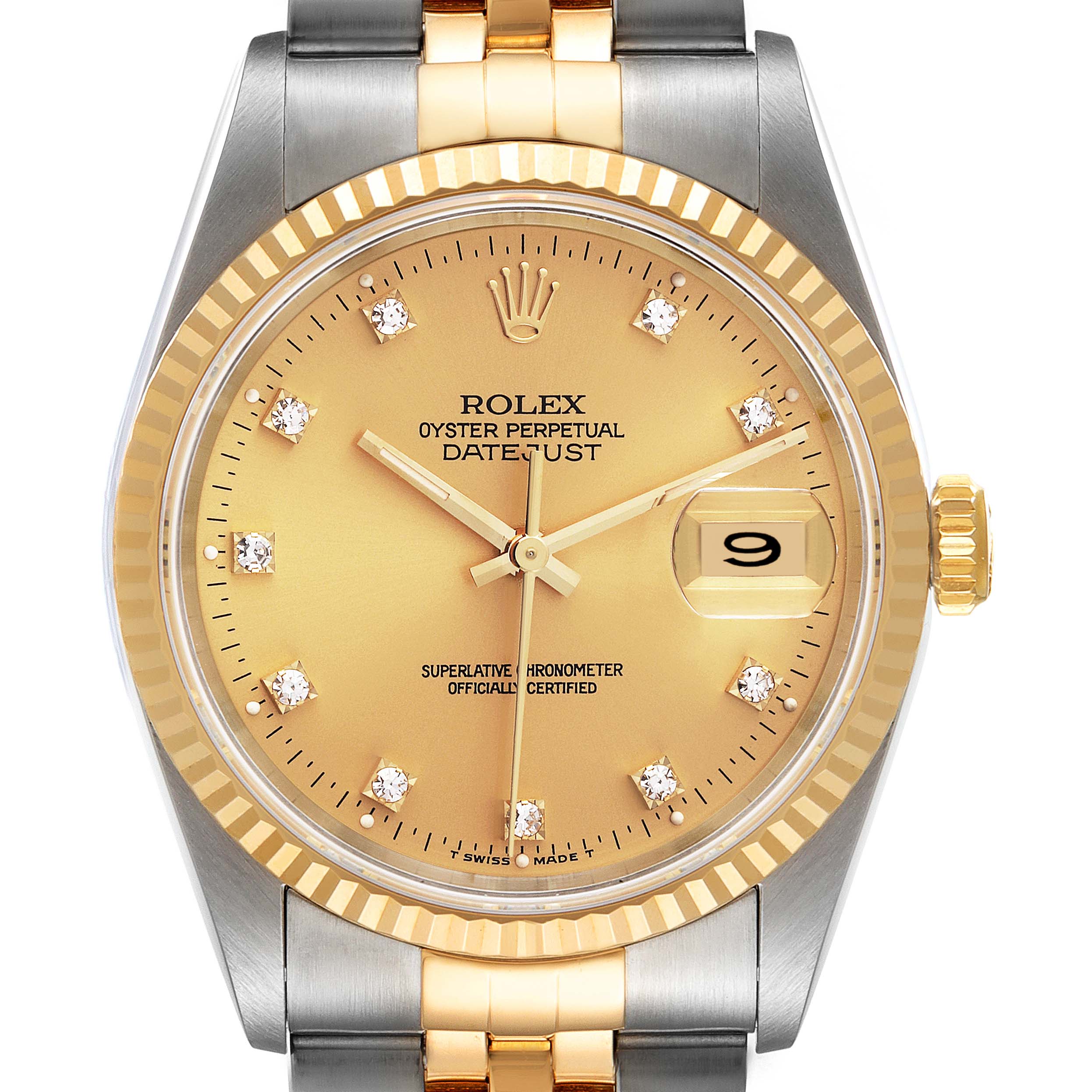 This image shows a close-up of the dial, bezel, and bracelet of a Rolex Datejust 16233 Men's Steel and Gold (two tone) Champagne Dial 16233 Men's Steel and Gold (two tone) Champagne Dial watch.
