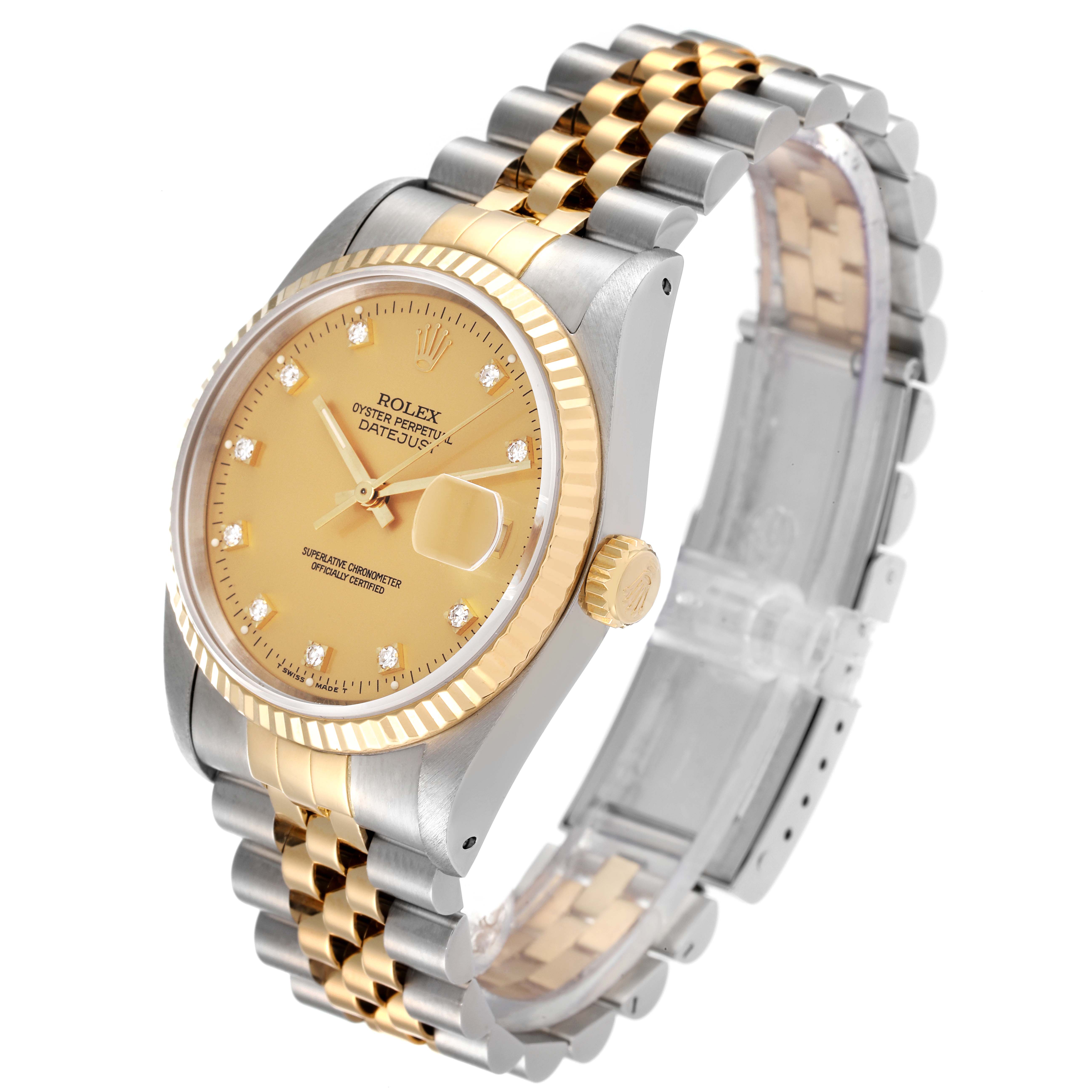 The Rolex Datejust 16233 Men's Steel and Gold (two tone) Champagne Dial 16233 Men's Steel and Gold (two tone) Champagne Dial is shown at a three-quarter angle, highlighting the gold bezel, champagne dial, and two-tone bracelet.