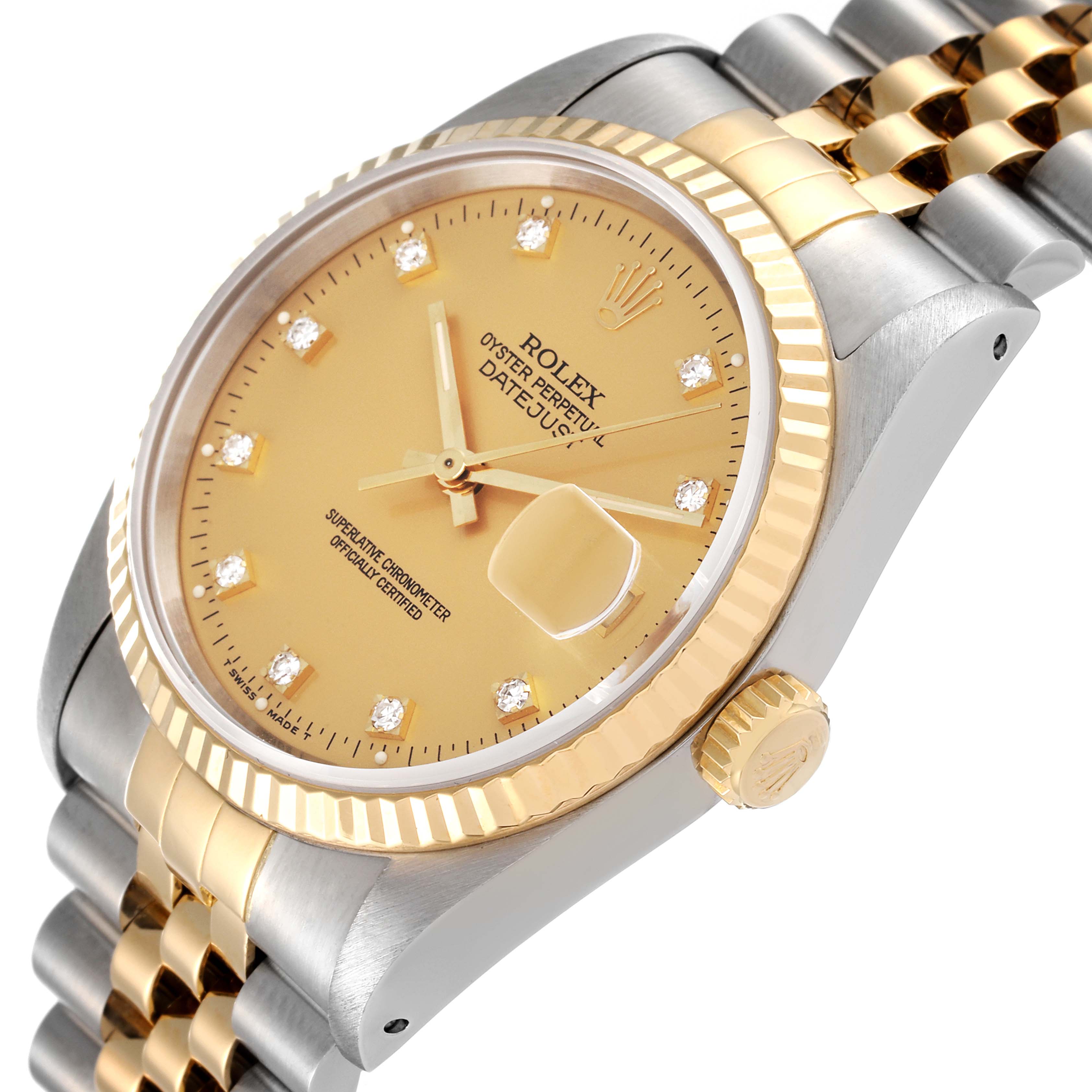 This image shows a close-up of the Rolex Datejust 16233 Men's Steel and Gold (two tone) Champagne Dial 16233 Men's Steel and Gold (two tone) Champagne Dial watch at an angle highlighting the dial, bezel, crown, and part of the strap.