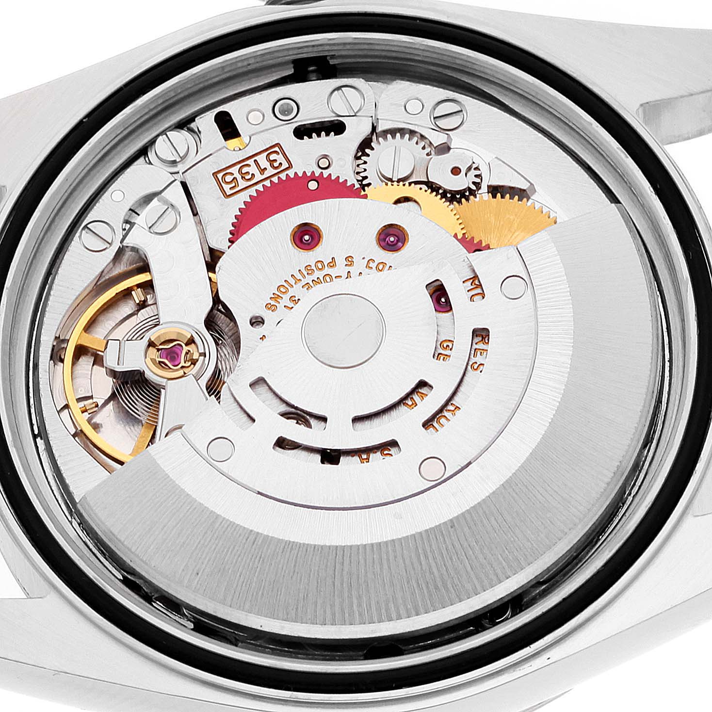 The image shows the internal mechanical movement of the Rolex Datejust 16233 Men's Steel and Gold (two tone) Champagne Dial 16233 Men's Steel and Gold (two tone) Champagne Dial watch from a back angle with visible gears and components.
