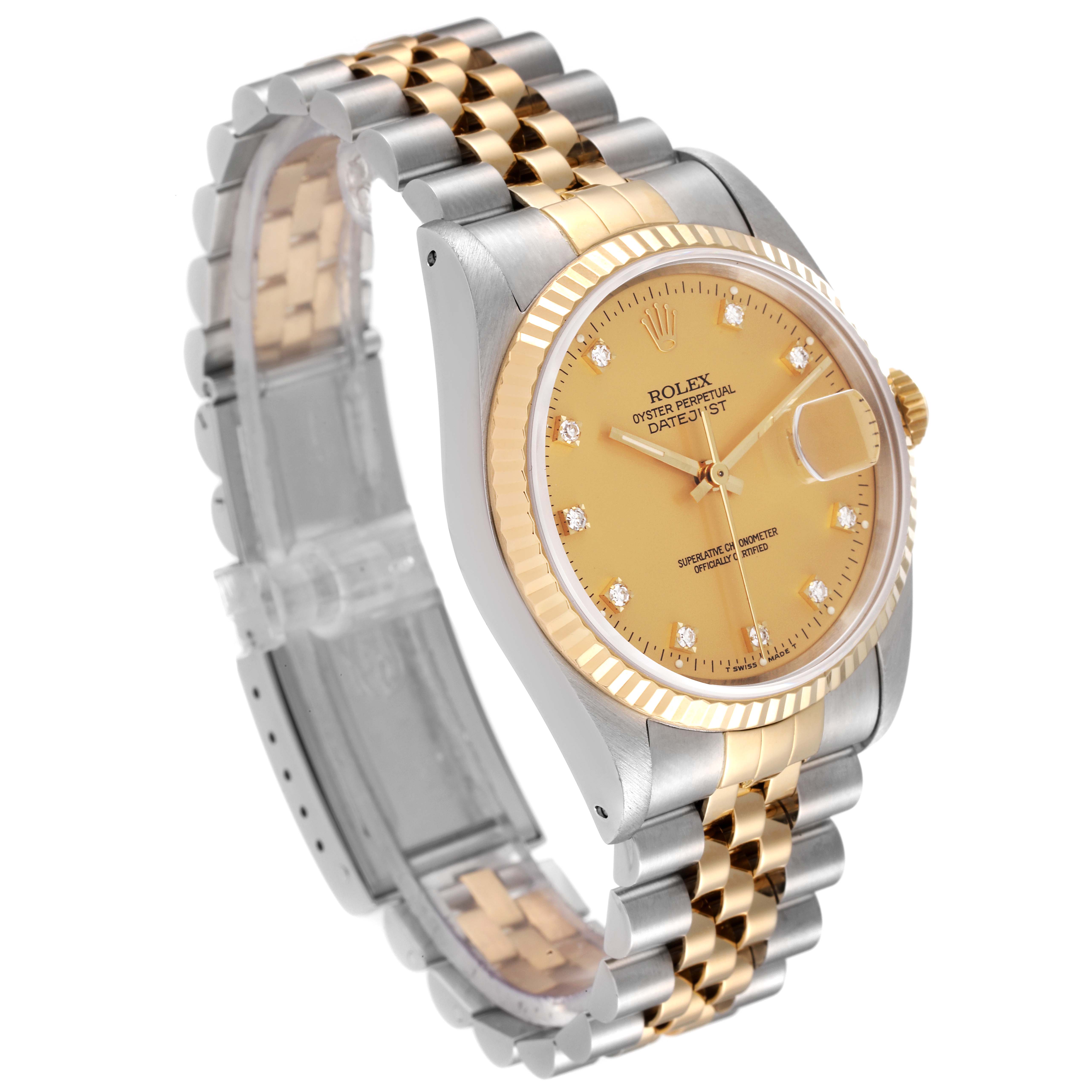 This image shows a Rolex Datejust 16233 Men's Steel and Gold (two tone) Champagne Dial 16233 Men's Steel and Gold (two tone) Champagne Dial watch at a three-quarter angle, highlighting the two-tone bracelet, gold bezel, and champagne dial.