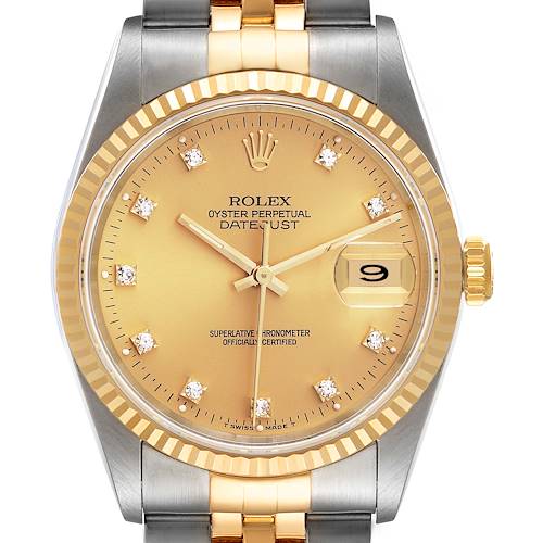 The image shows a frontal view of a Rolex Datejust watch, featuring its gold dial, fluted bezel, and two-tone bracelet.