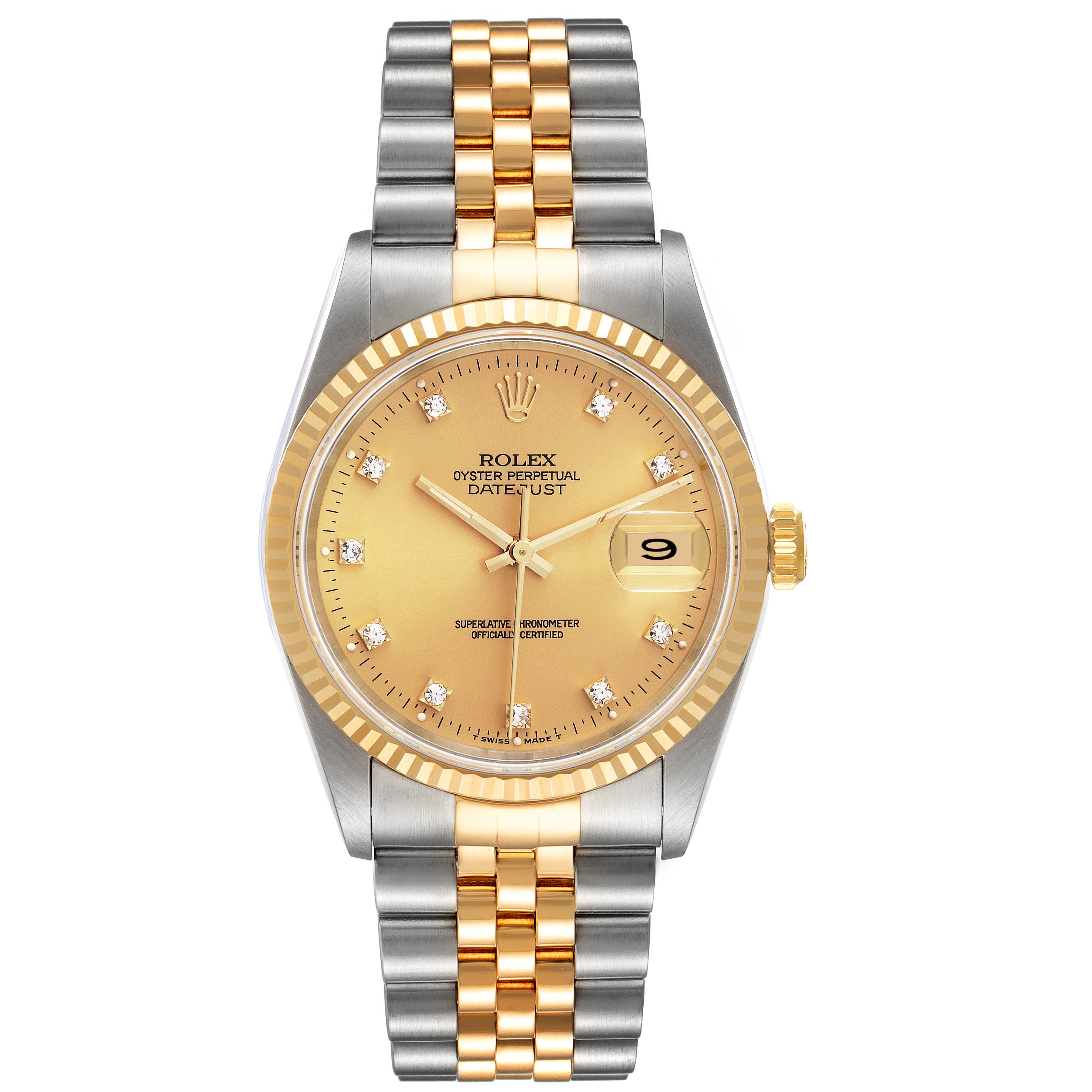 The image shows a Rolex Datejust 16233 Men's Steel and Gold (two tone) Champagne Dial 16233 Men's Steel and Gold (two tone) Champagne Dial watch from a front angle, displaying its gold dial, bezel, and two-tone bracelet.