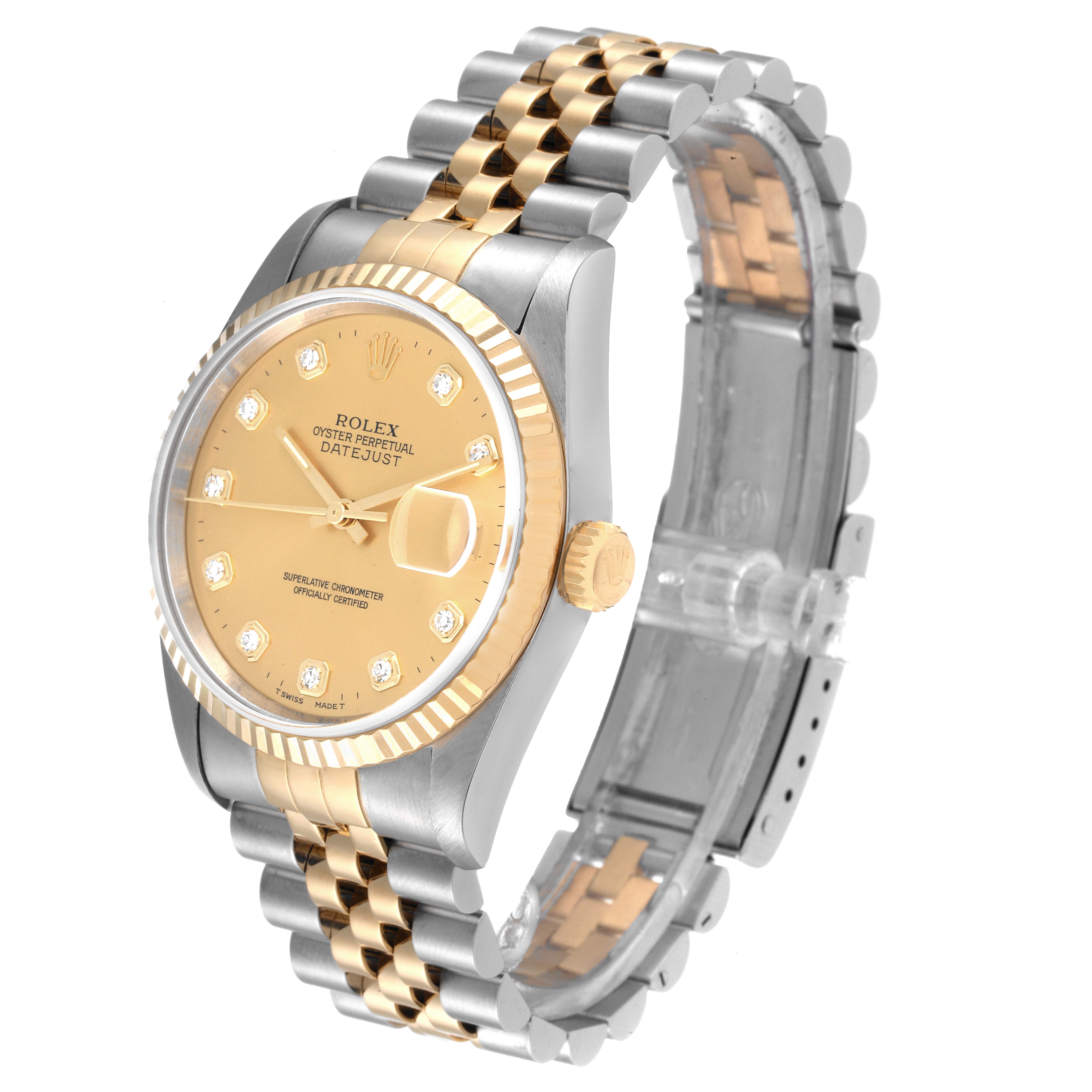 This image shows a side angle of a Rolex Datejust 16233 Men's Steel and Gold (two tone) Champagne Dial 16233 Men's Steel and Gold (two tone) Champagne Dial watch, highlighting its gold face, bezel, and two-tone bracelet.