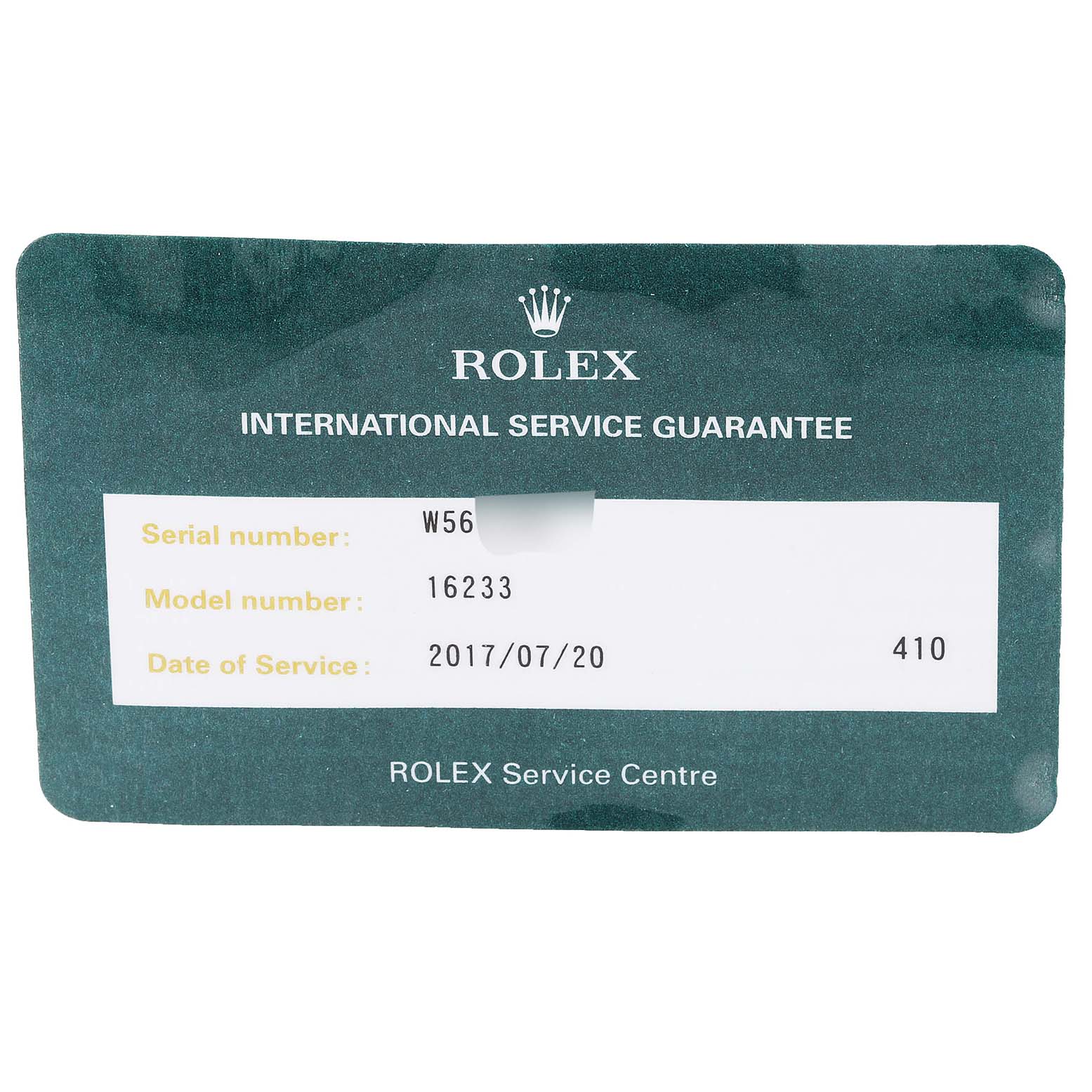 This is an image of a green Rolex International Service Guarantee card for the Datejust model 16233.