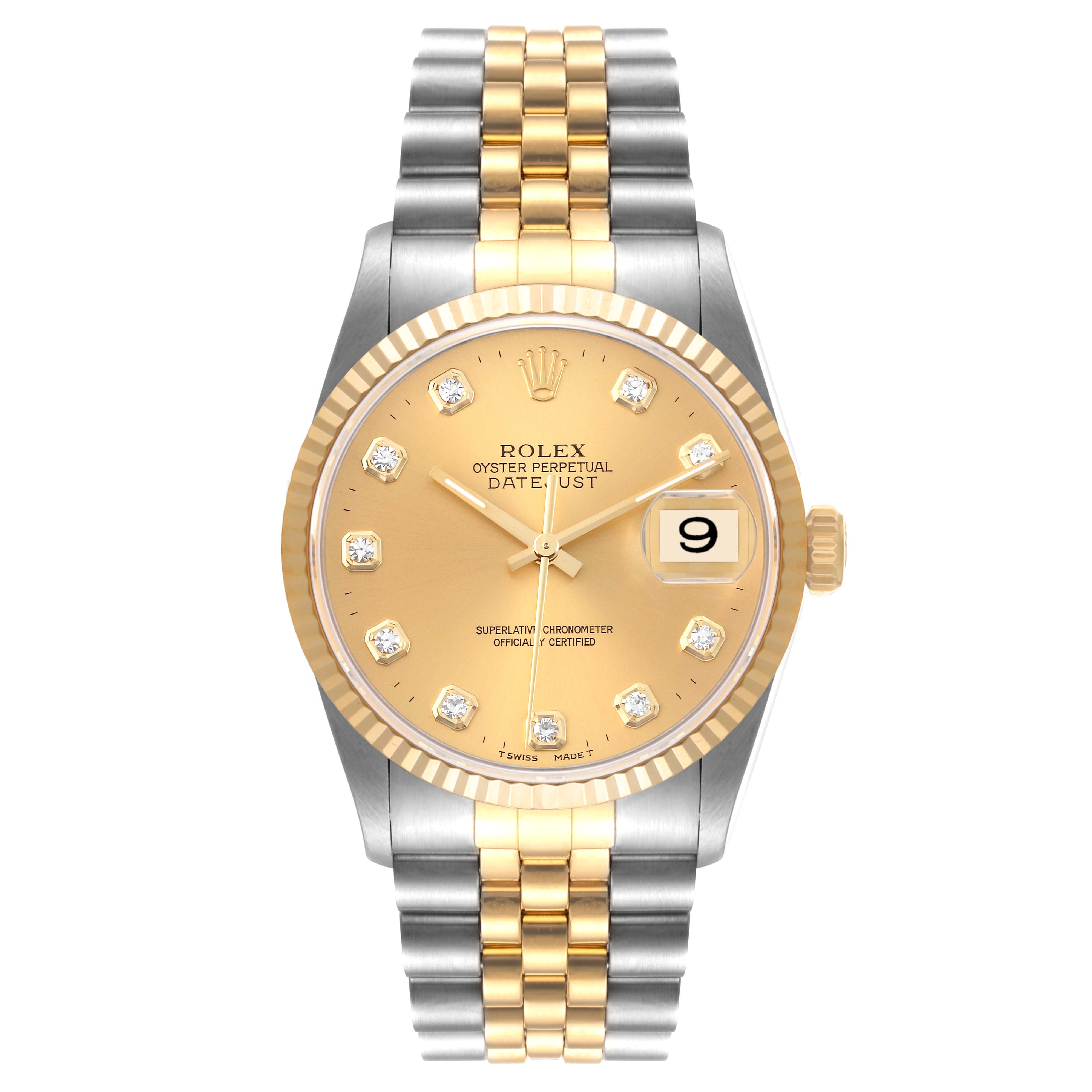 The Rolex Datejust 16233 Men's Steel and Gold (two tone) Champagne Dial 16233 Men's Steel and Gold (two tone) Champagne Dial model is shown from the front, displaying the face, bezel, dial, date window, and two-tone bracelet.