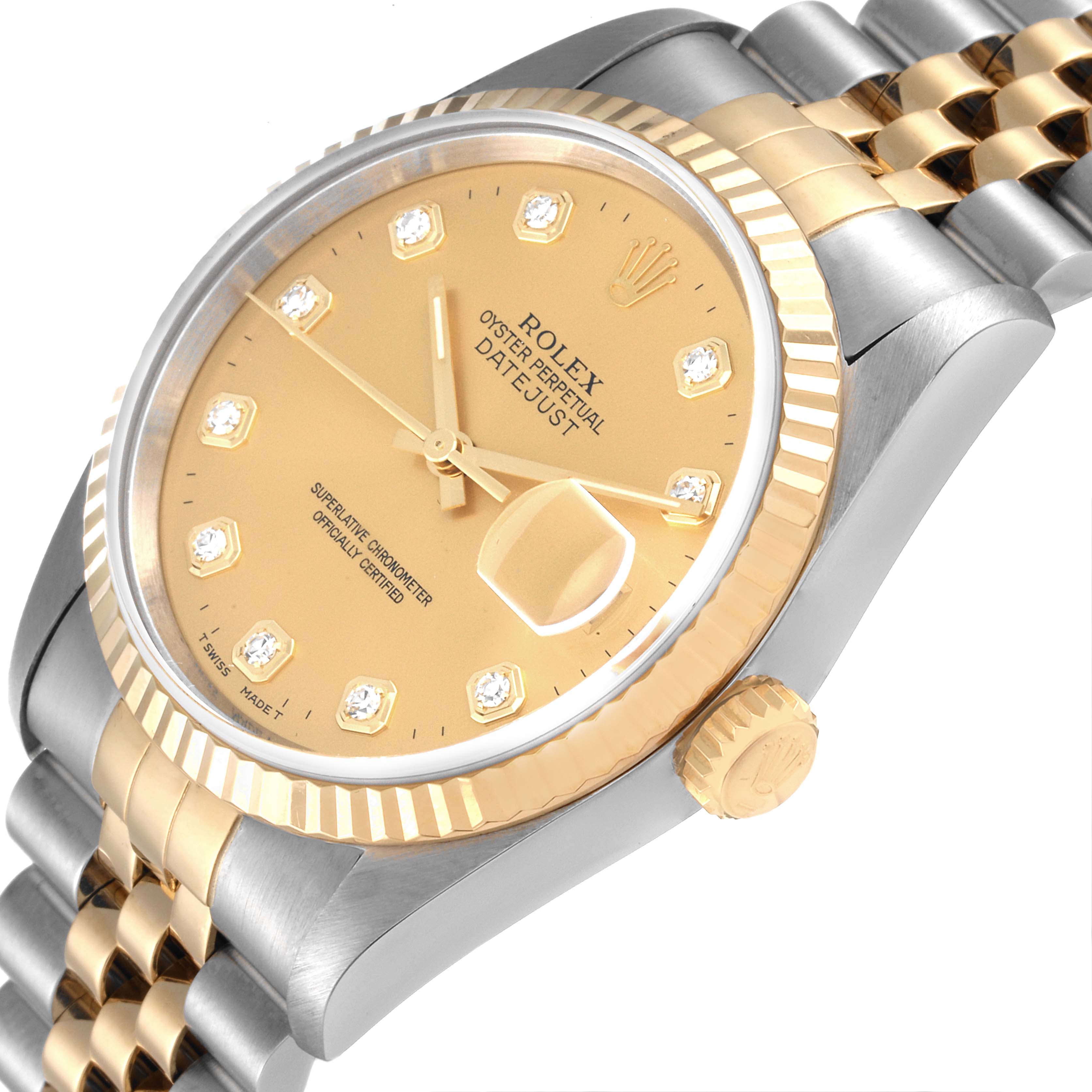The image shows a Rolex Datejust 16233 Men's Steel and Gold (two tone) Champagne Dial 16233 Men's Steel and Gold (two tone) Champagne Dial watch from an angled view, highlighting its dial, fluted bezel, and two-tone Jubilee bracelet.