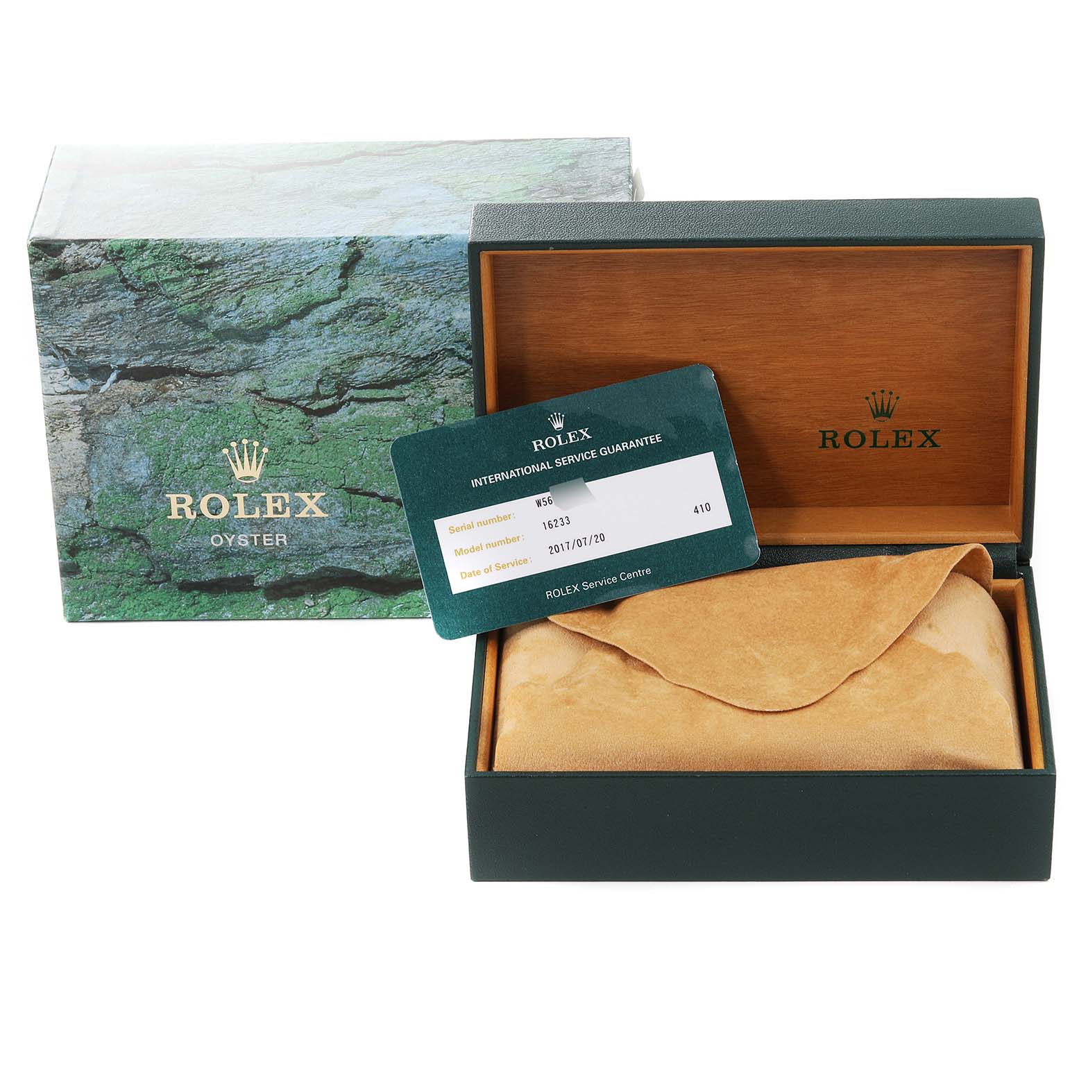 The image shows a Rolex Datejust 16233 Men's Steel and Gold (two tone) Champagne Dial 16233 Men's Steel and Gold (two tone) Champagne Dial model's packaging, including the outer box, inner box, protective case, and guarantee card.