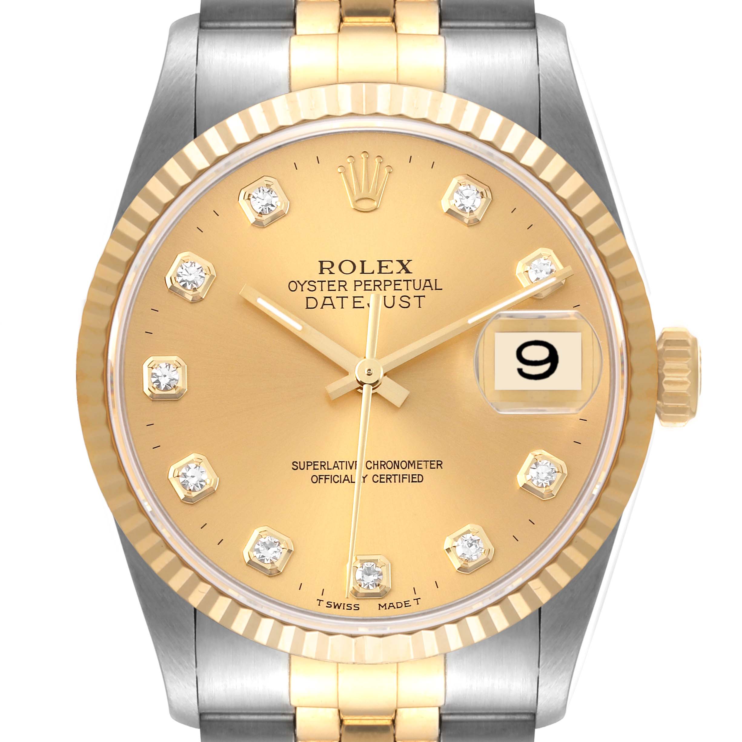 This image shows a close-up of the face and upper part of the band of a Rolex Datejust 16233 Men's Steel and Gold (two tone) Champagne Dial 16233 Men's Steel and Gold (two tone) Champagne Dial watch.