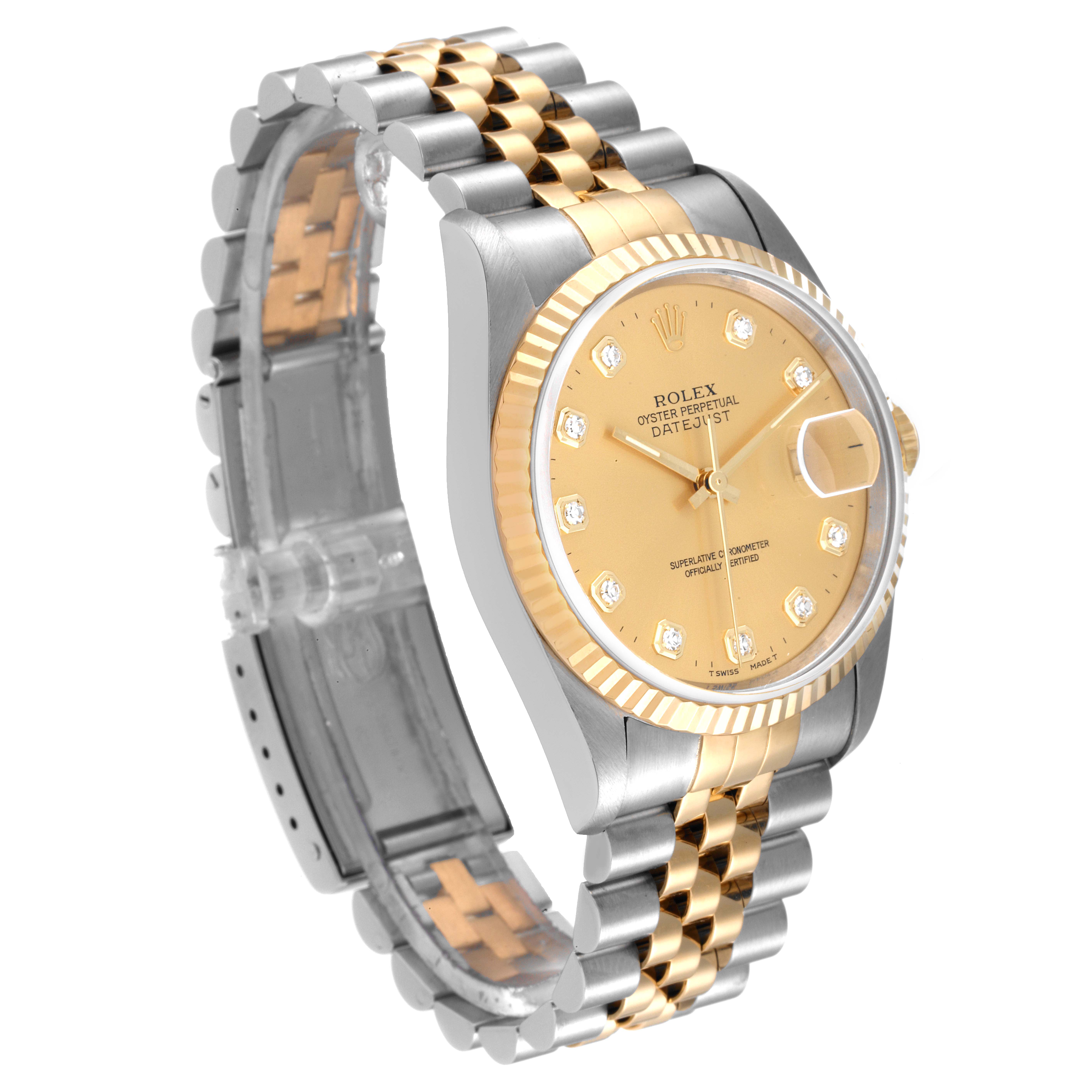 This Rolex Datejust 16233 Men's Steel and Gold (two tone) Champagne Dial 16233 Men's Steel and Gold (two tone) Champagne Dial watch is shown at an angle displaying the face, two-tone bracelet, and fluted bezel.